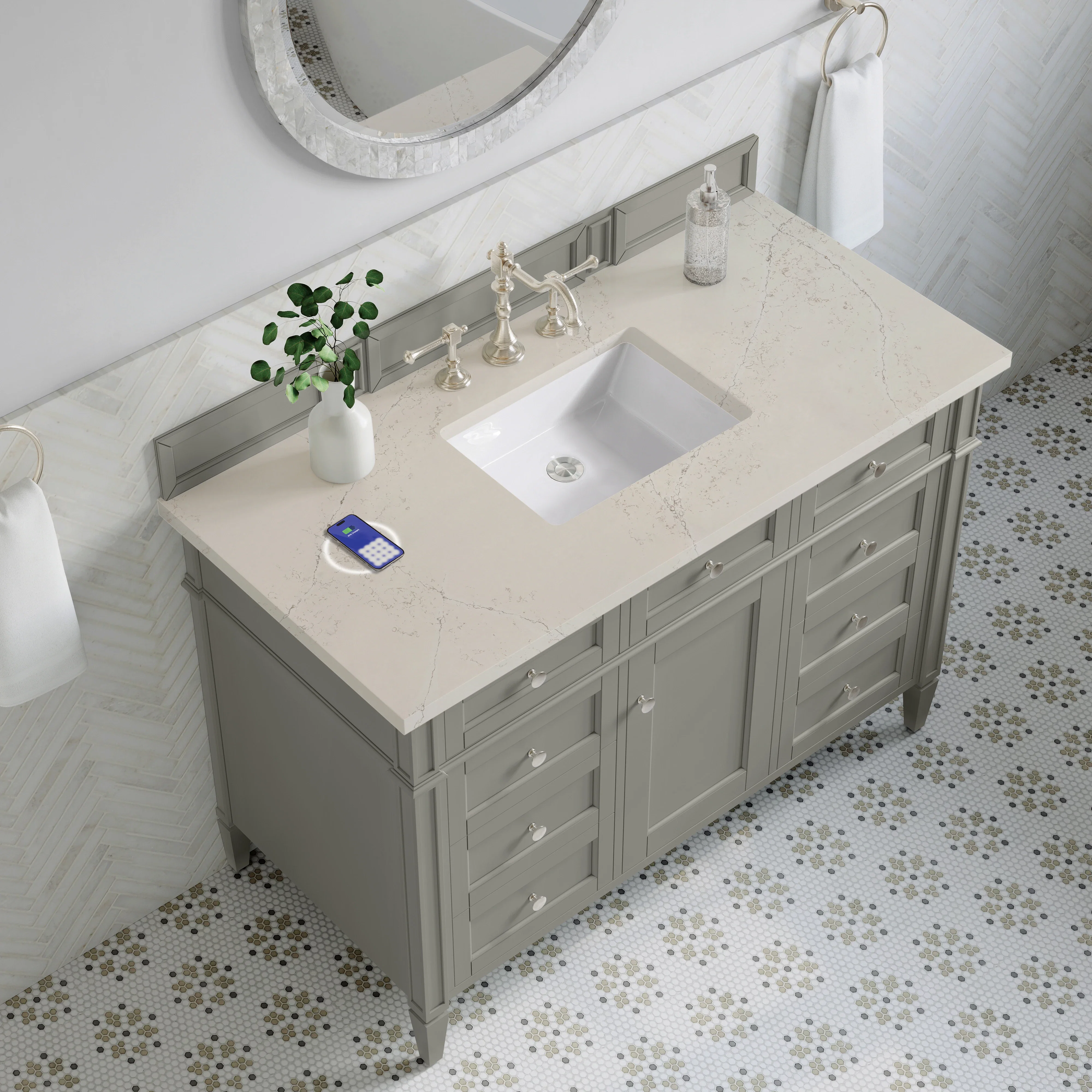 Brittany 48" Single Vanity, Urban Gray, w/ 3 CM Siberian Silestone Top w/FreePower Wireless Charger