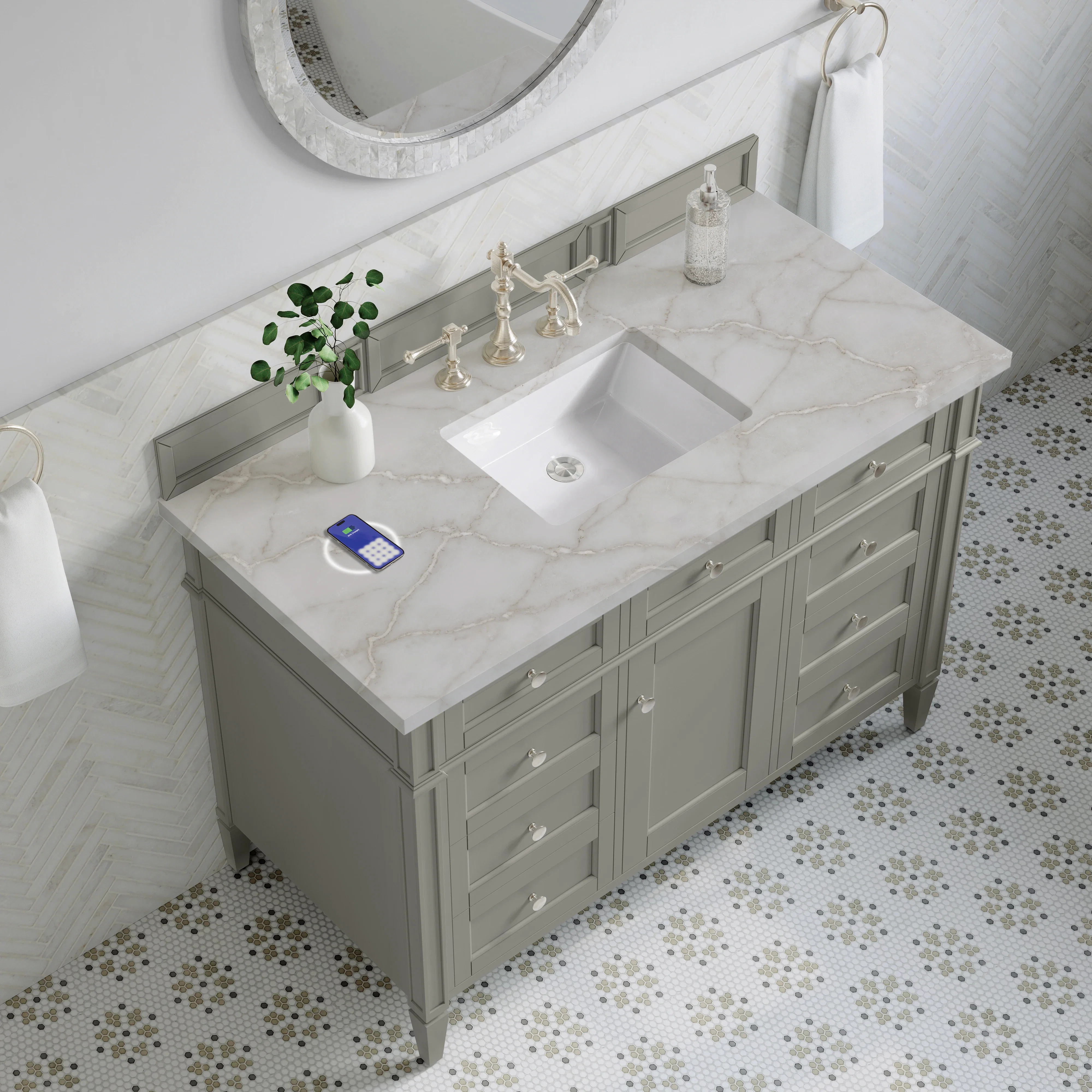 Brittany 48" Single Vanity, Urban Gray w/ 3 CM Victorian Silver Silestone Top w/FreePower Wireless Charger