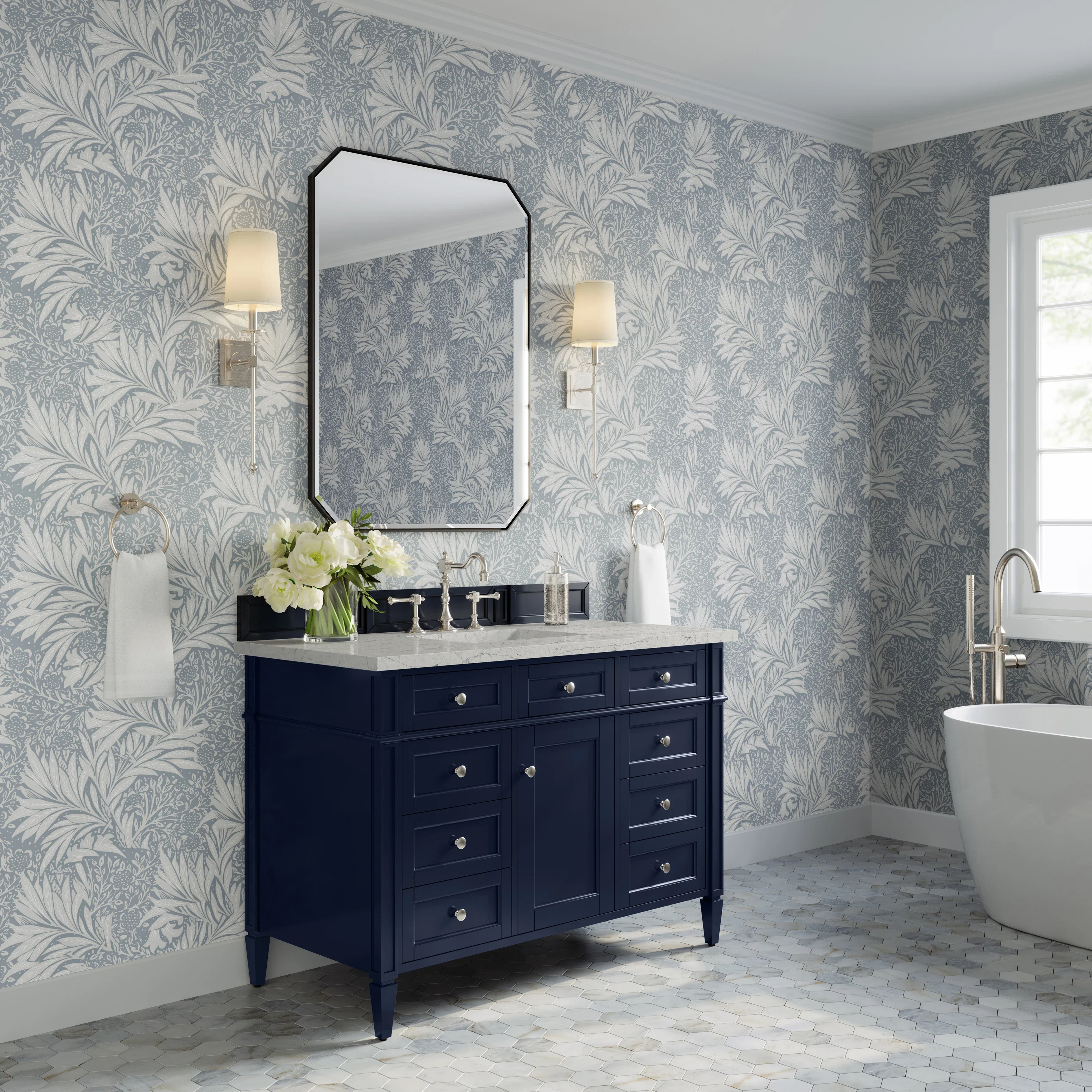 Brittany 48" Single Vanity, Victory Blue w/ 3 CM Eternal Jasmine Pearl Silestone Top