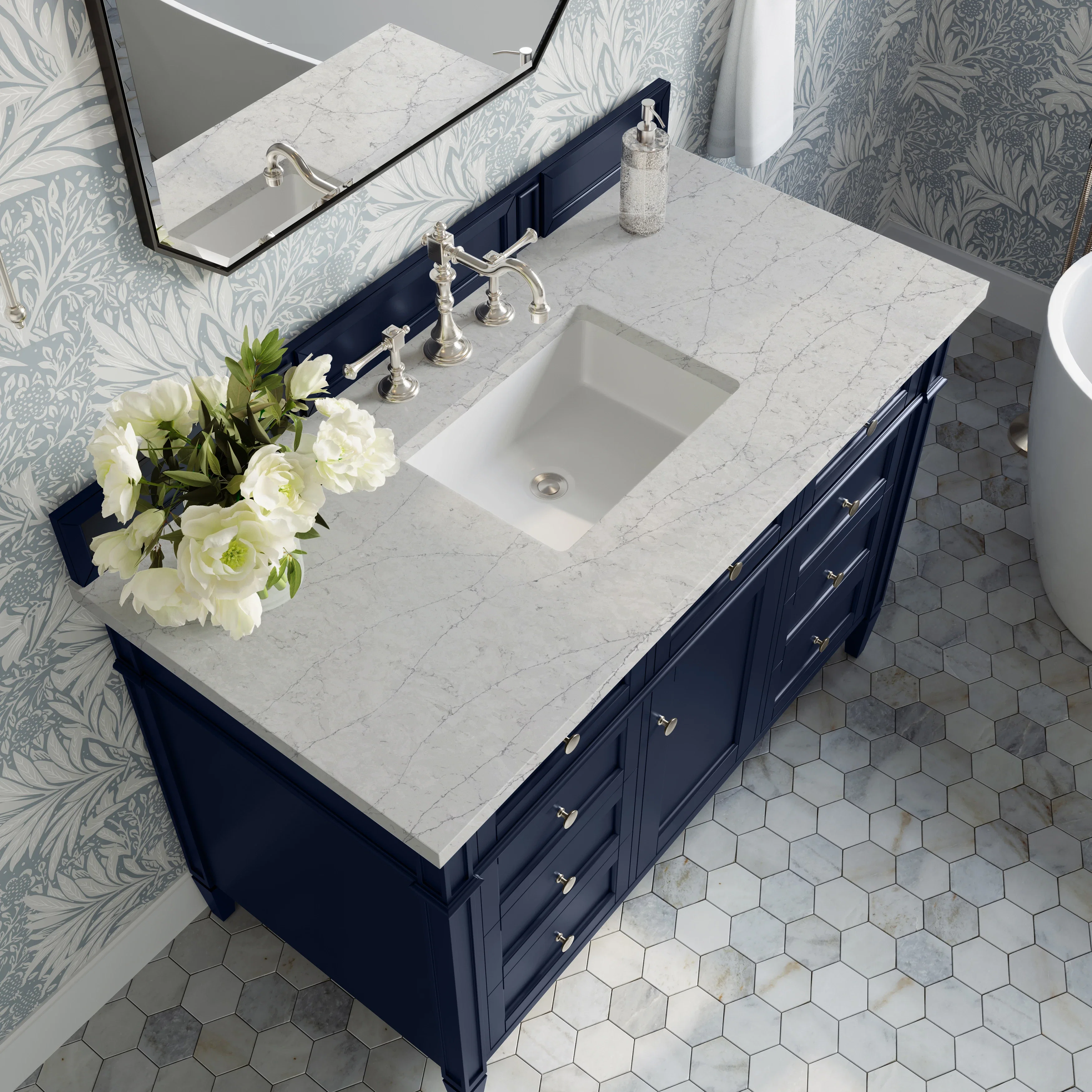 Brittany 48" Single Vanity, Victory Blue w/ 3 CM Eternal Jasmine Pearl Silestone Top