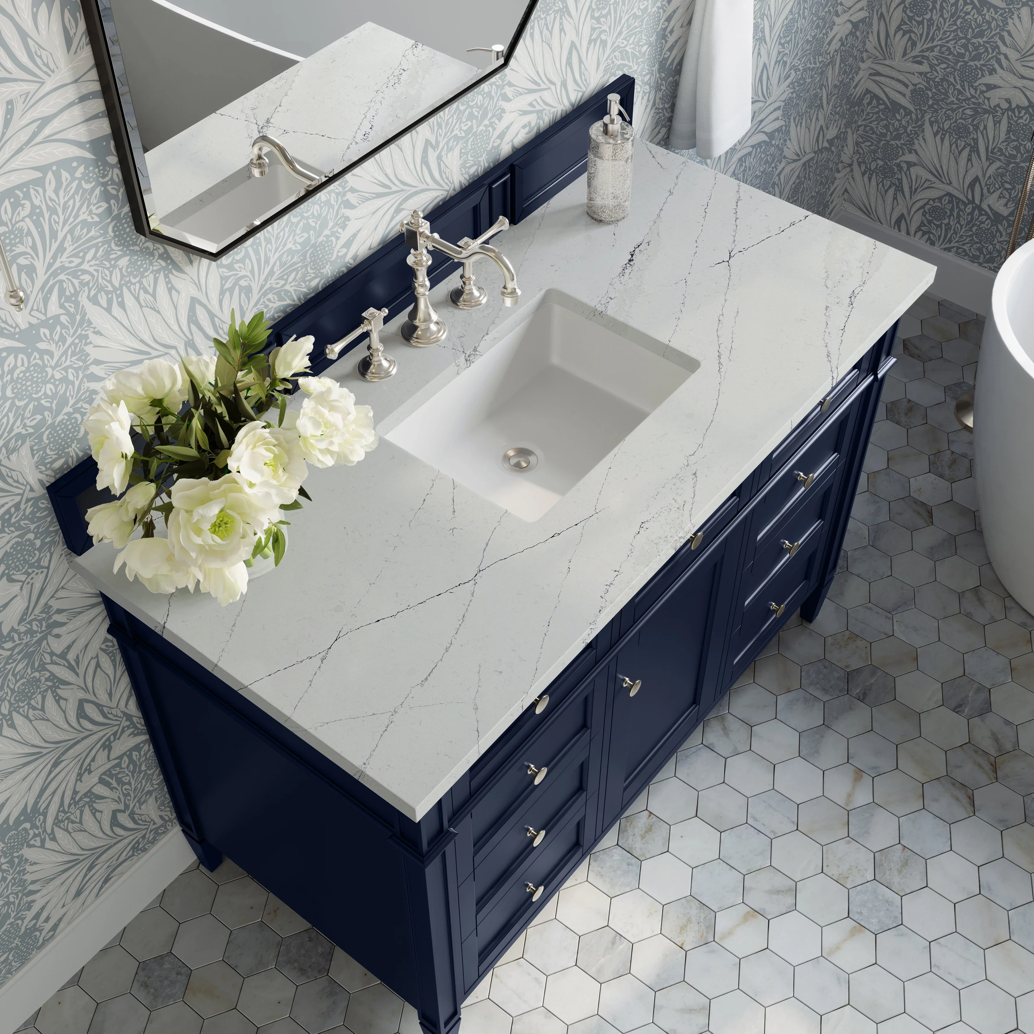 Brittany 48" Single Vanity, Victory Blue w/ 3 CM Ethereal Noctis Silestone Top