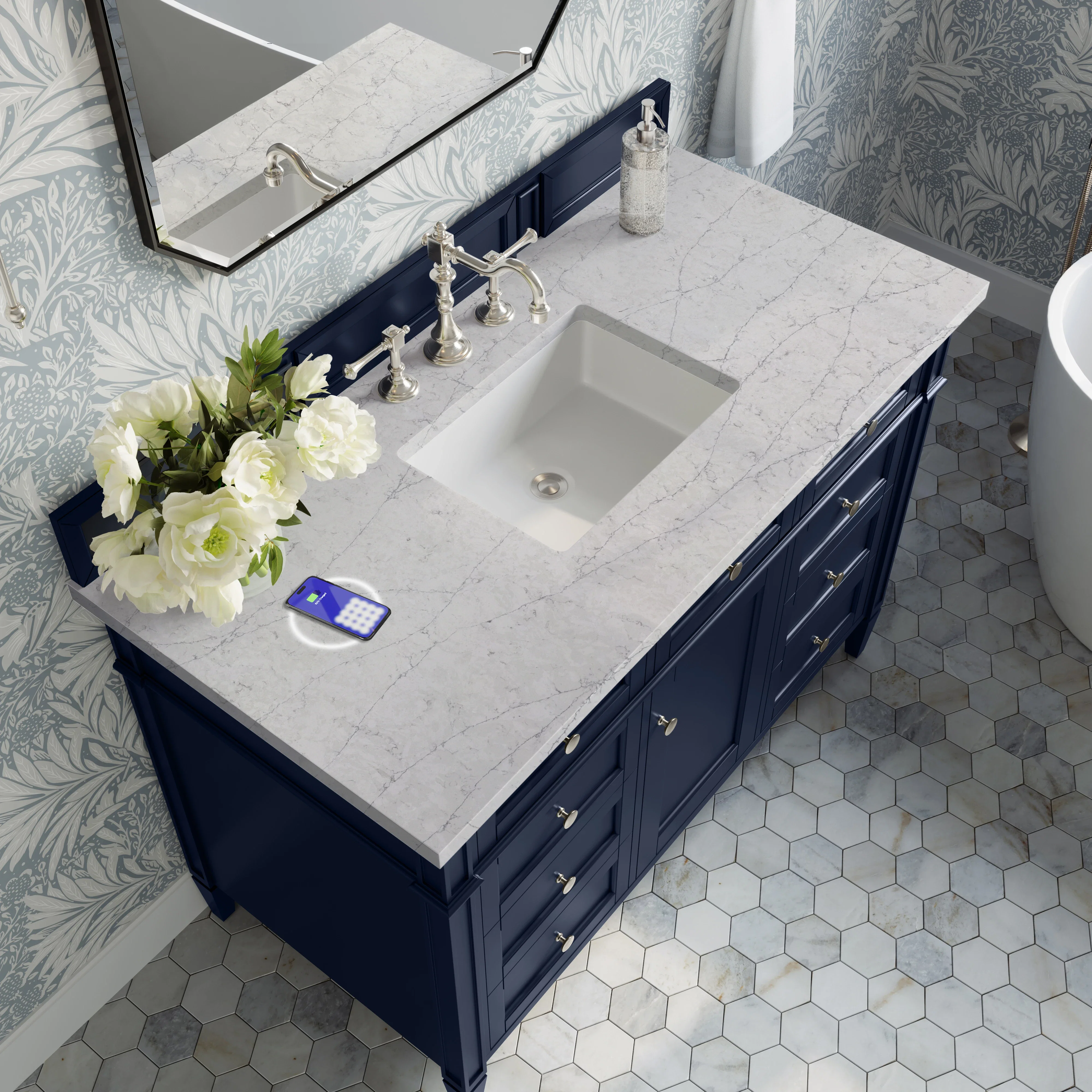Brittany 48" Single Vanity, Victory Blue w/ 3 CM Eternal Jasmine Pearl Silestone Top w/FreePower Wireless Charger