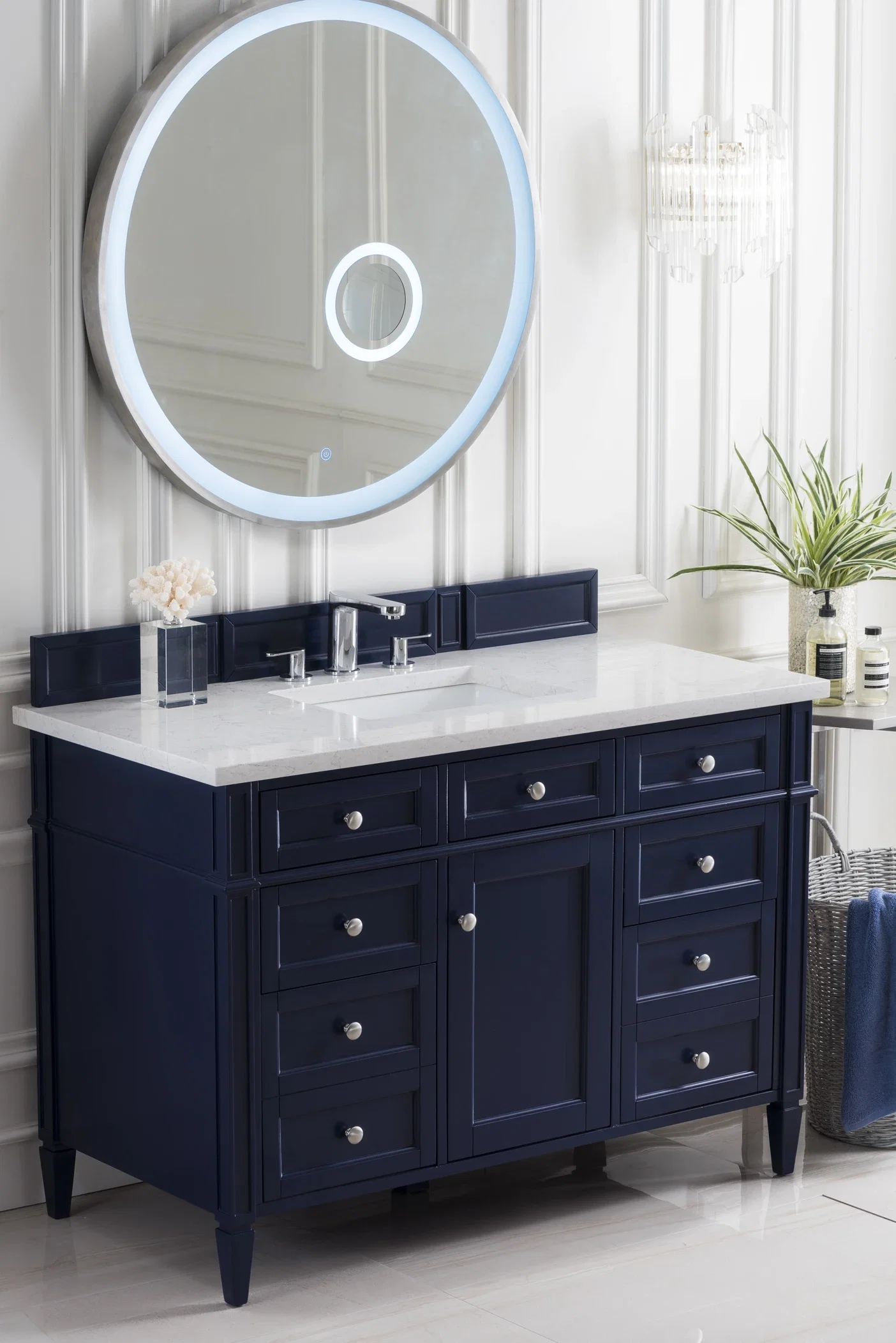 Brittany 48" Single Vanity, Victory Blue w/ 3 CM Eternal Jasmine Pearl Silestone Top w/FreePower Wireless Charger