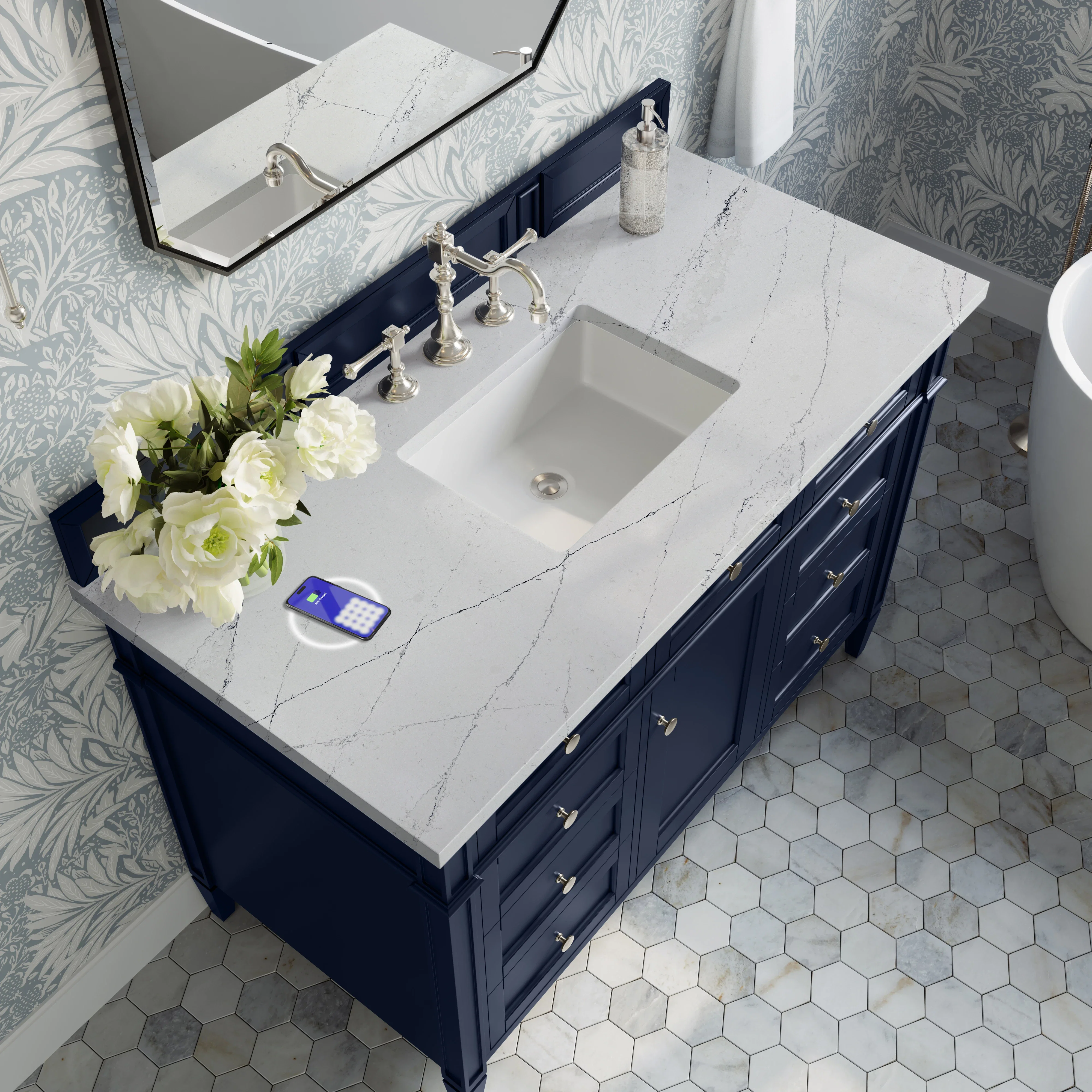 Brittany 48" Single Vanity, Victory Blue w/ 3 CM Ethereal Noctis Silestone Top w/FreePower Wireless Charger