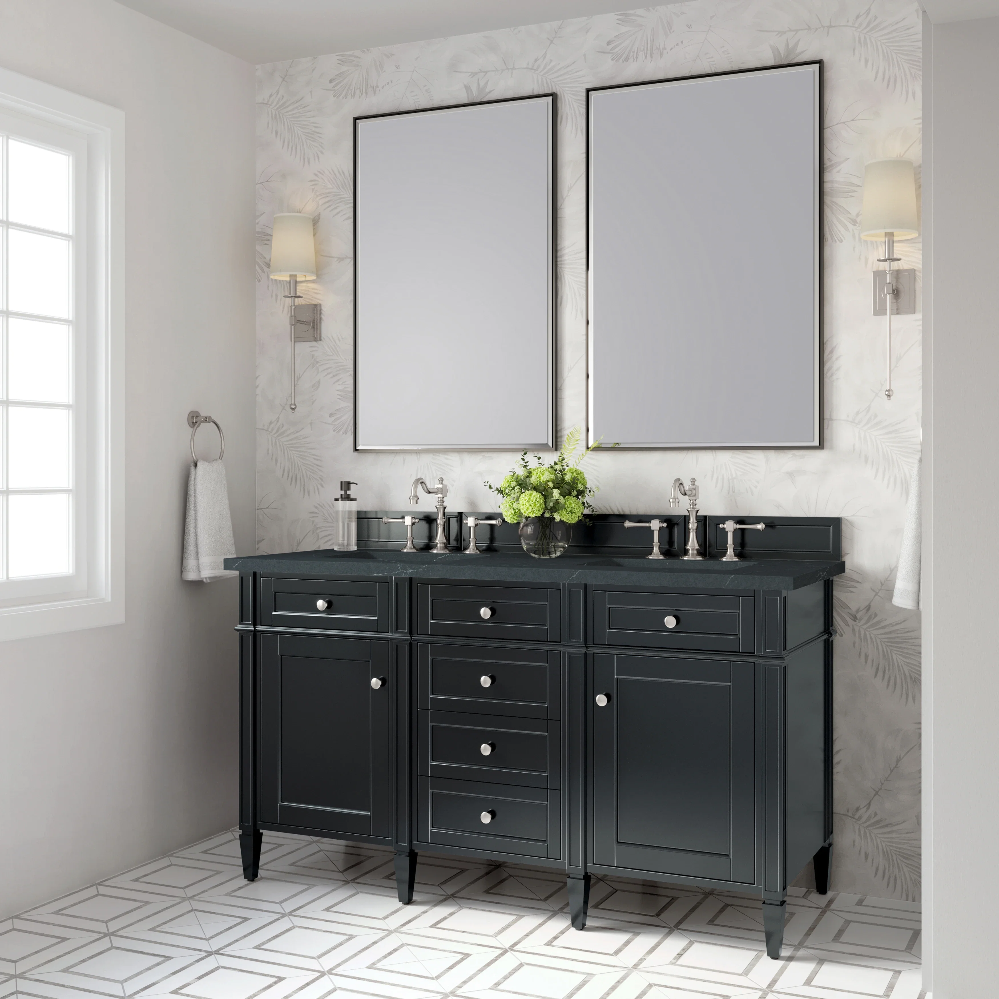Brittany 60" Double Vanity, Black Onyx w/ 3 CM Charcoal Soapstone Silestone Top