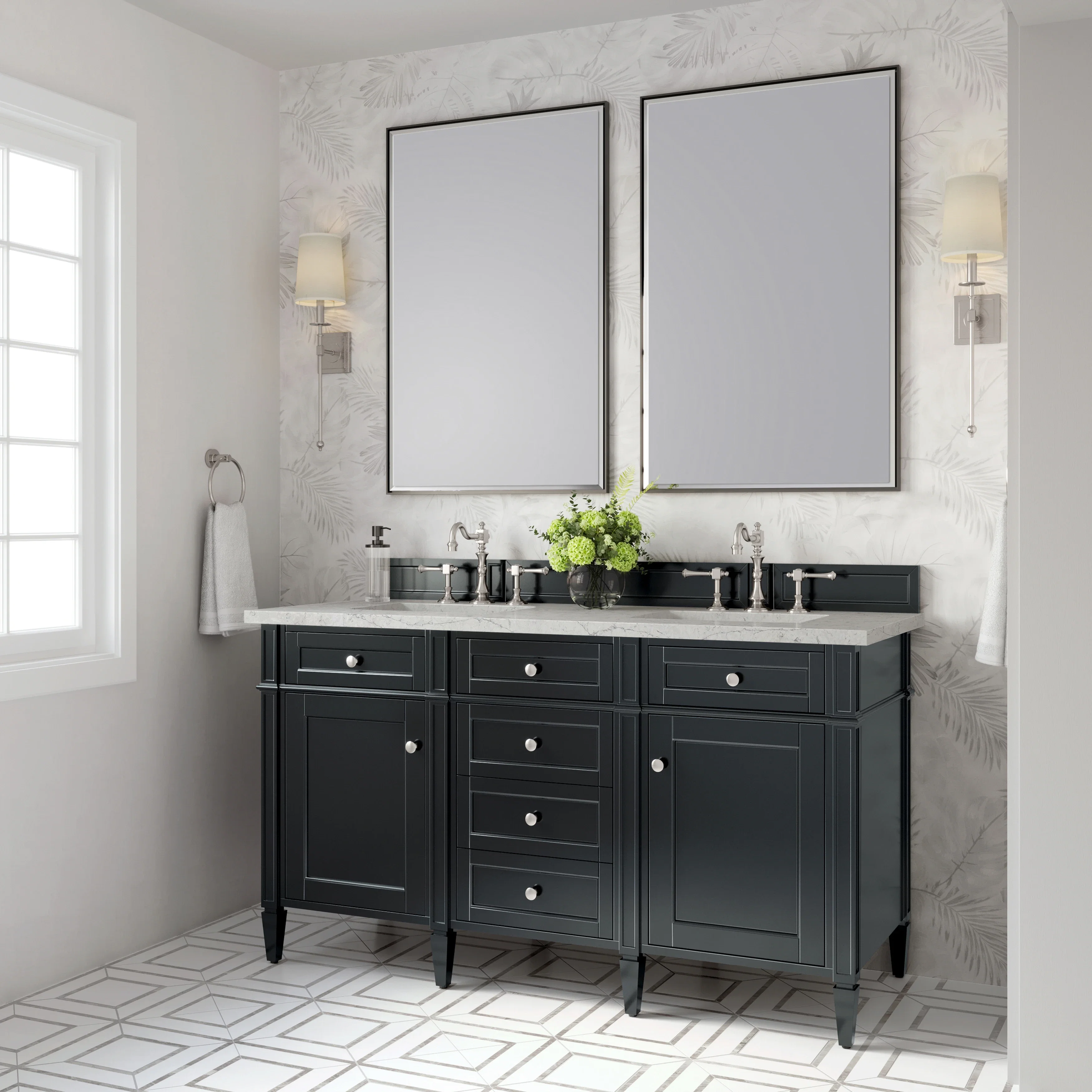 Brittany 60" Double Vanity, Black Onyx w/ 3 CM Eternal Jasmine Pearl Silestone Top