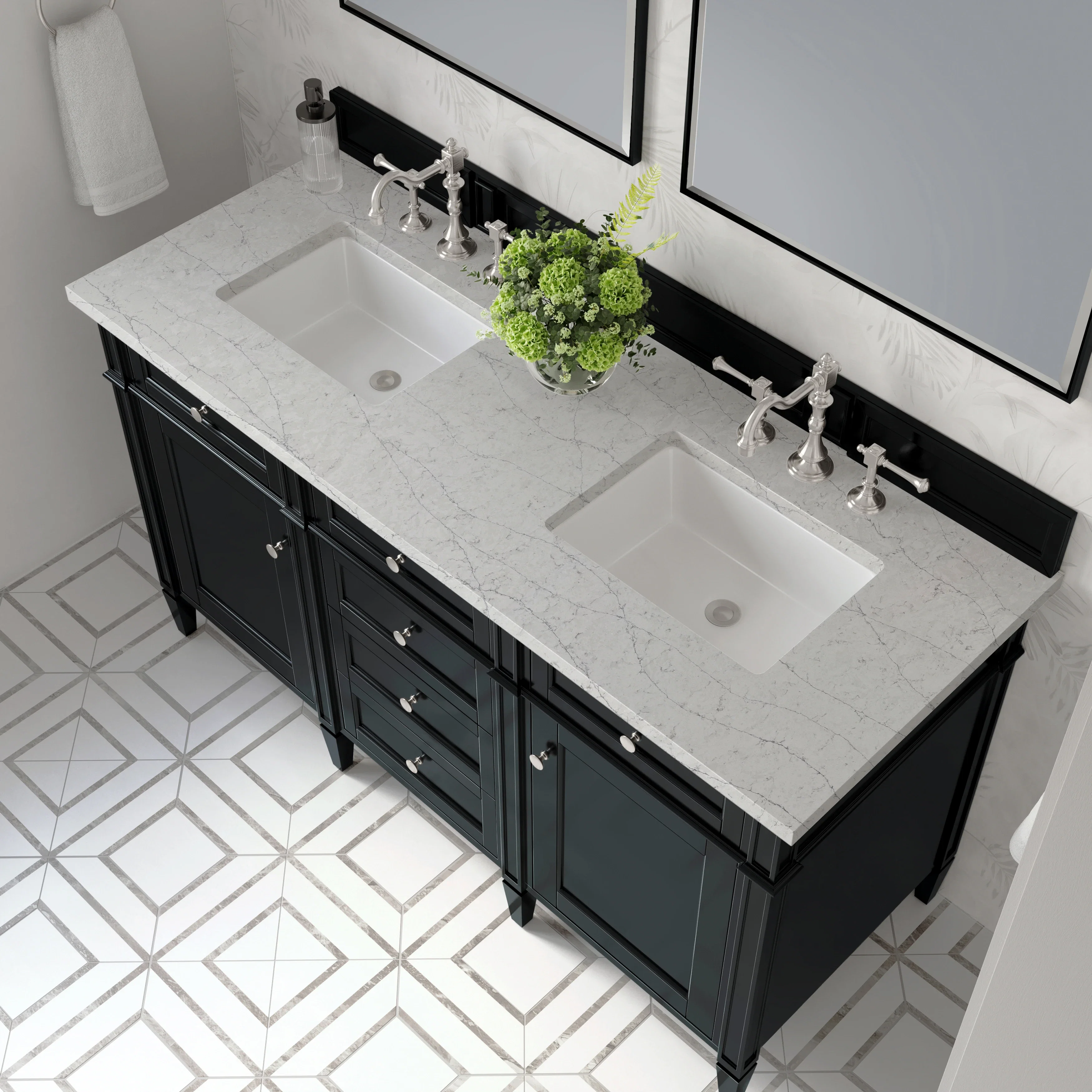 Brittany 60" Double Vanity, Black Onyx w/ 3 CM Eternal Jasmine Pearl Silestone Top