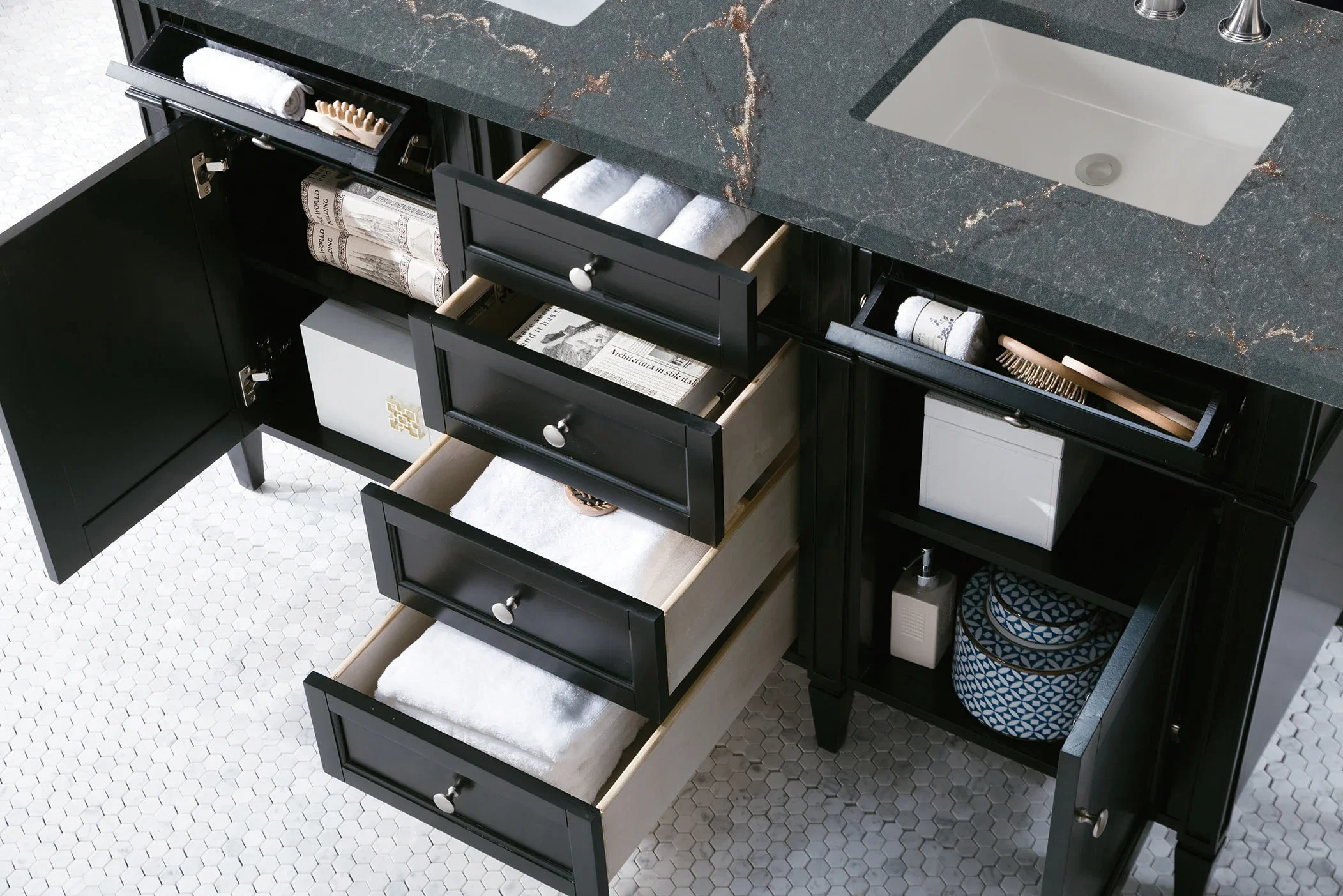 Brittany 60" Double Vanity, Black Onyx w/ 3 CM Parisien Bleu Silestone Top