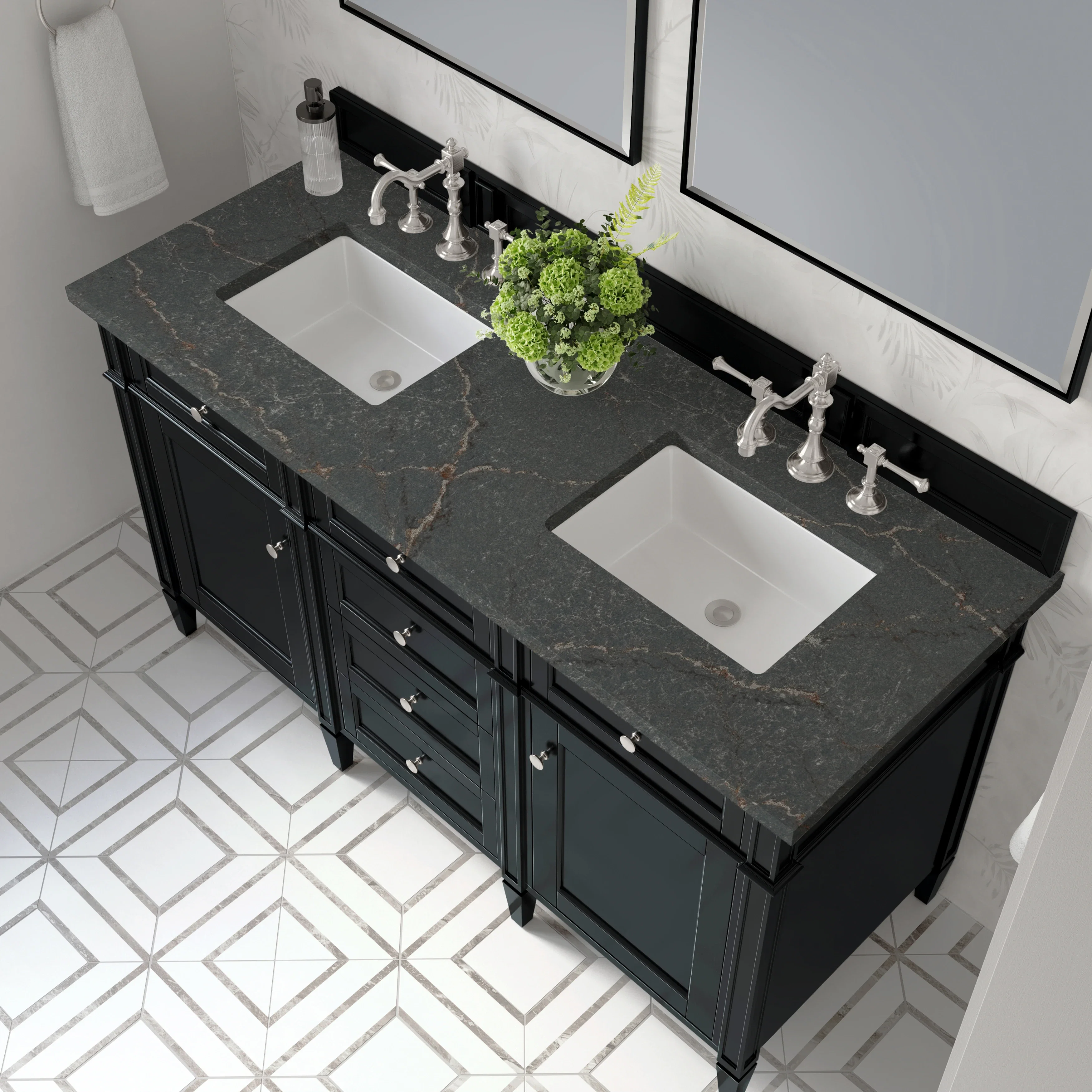 Brittany 60" Double Vanity, Black Onyx w/ 3 CM Parisien Bleu Silestone Top