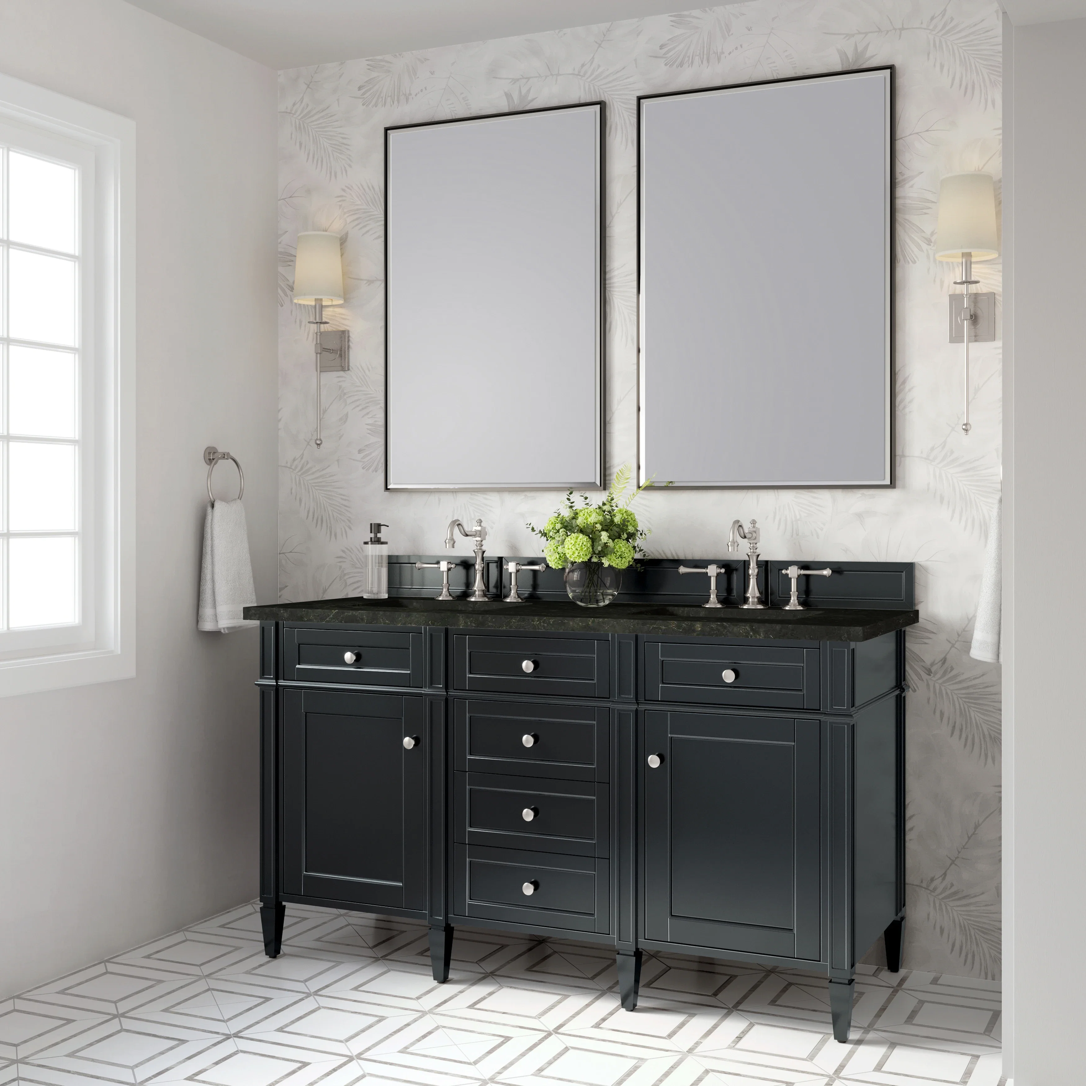 Brittany 60" Double Vanity, Black Onyx, w/ 3 CM Phantome Eclos Top