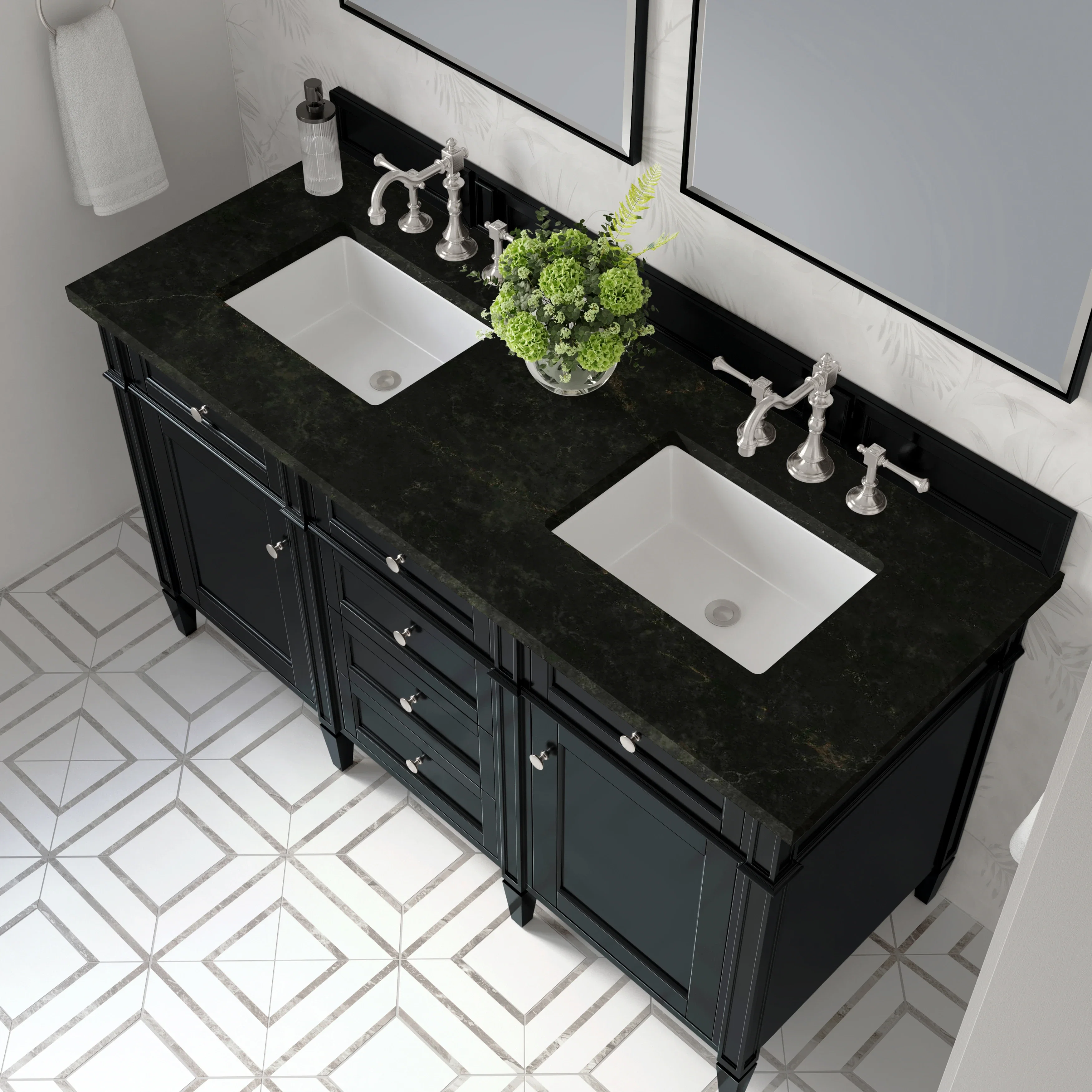 Brittany 60" Double Vanity, Black Onyx, w/ 3 CM Phantome Eclos Top