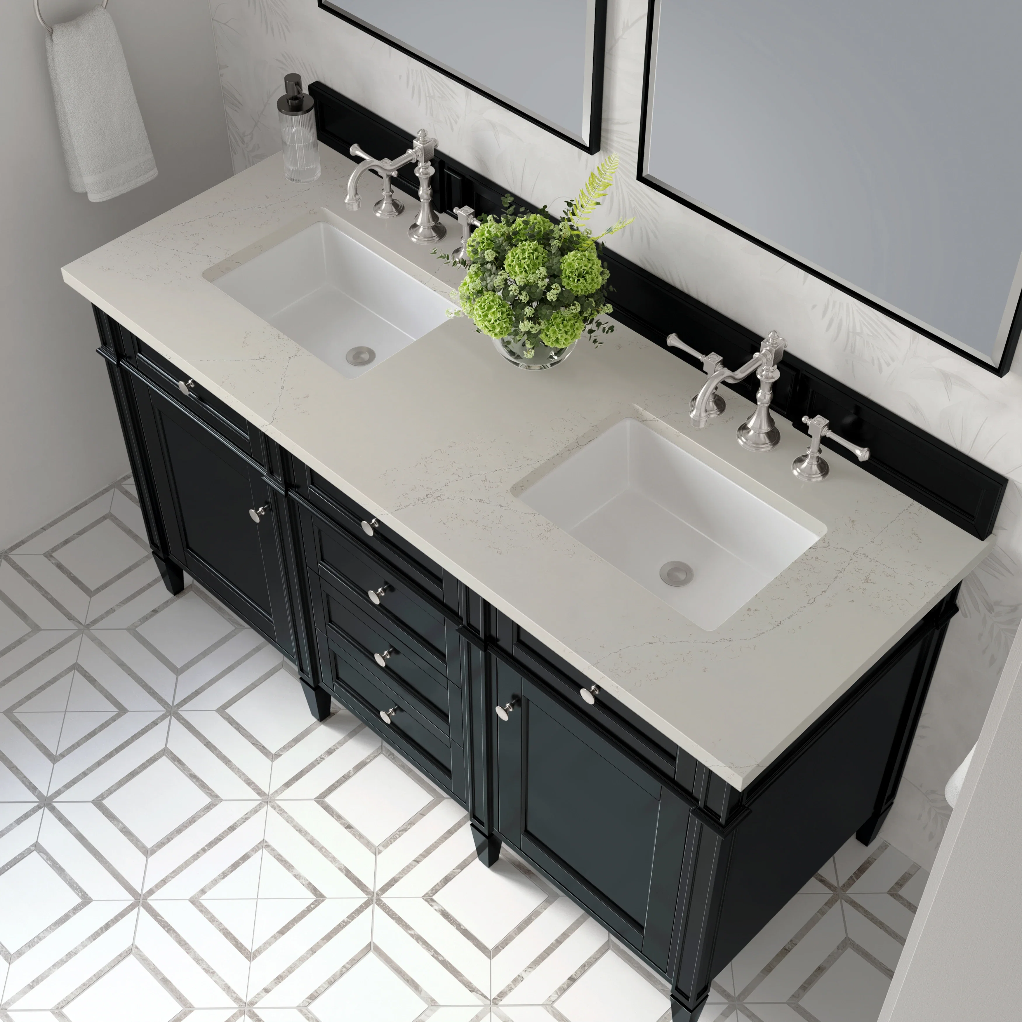 Brittany 60" Double Vanity, Black Onyx, w/ 3 CM Siberian Silestone Top