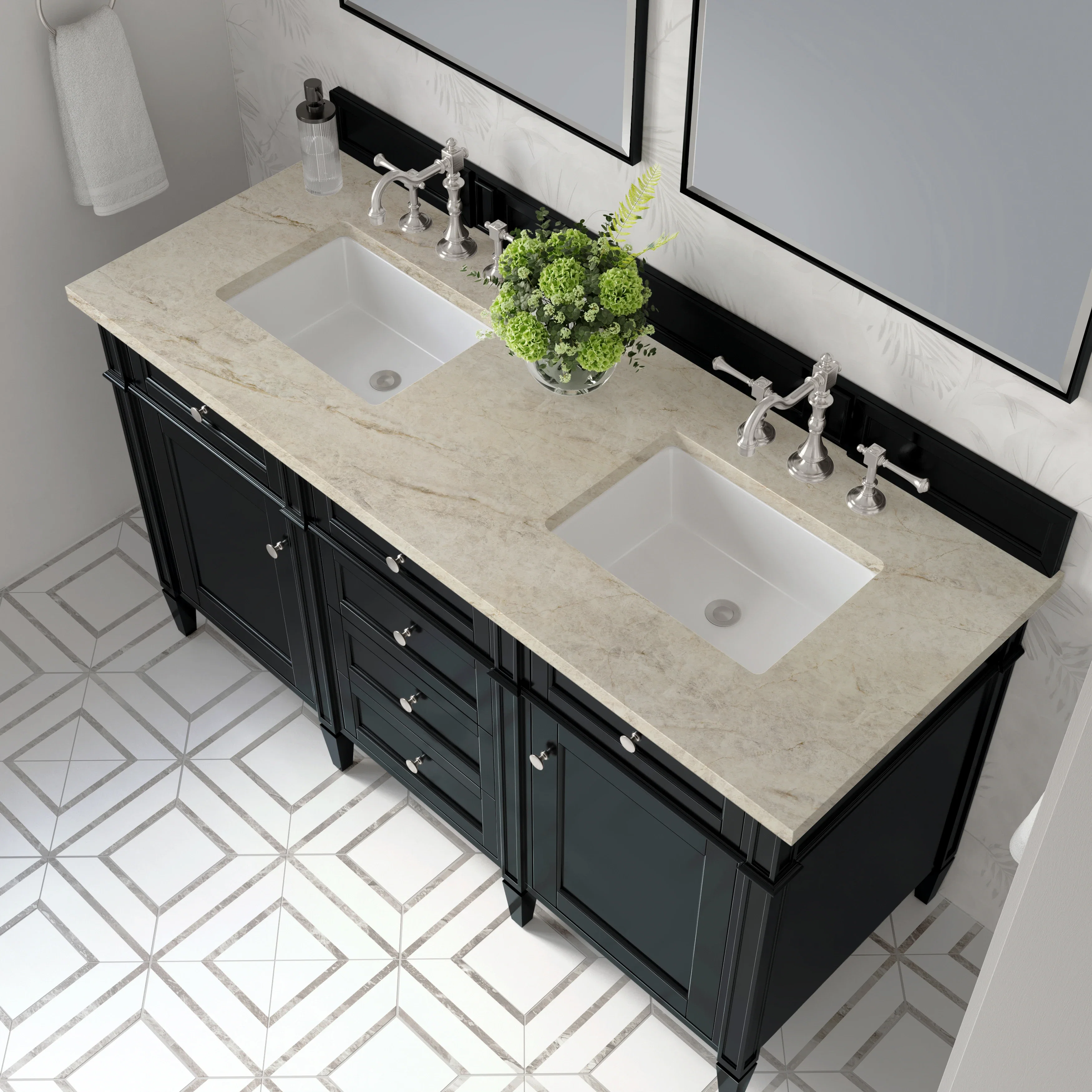 Brittany 60" Double Vanity, Black Onyx, w/ 3 CM Tajnar Eclos Top