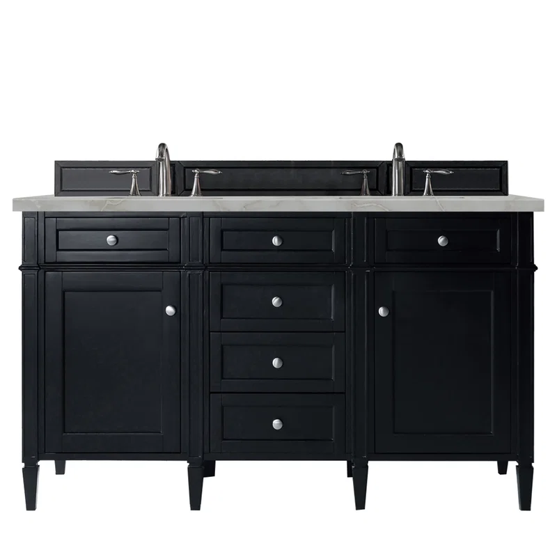 Brittany 60" Double Vanity, Black Onyx w/ 3 CM Victorian Silver Silestone Top