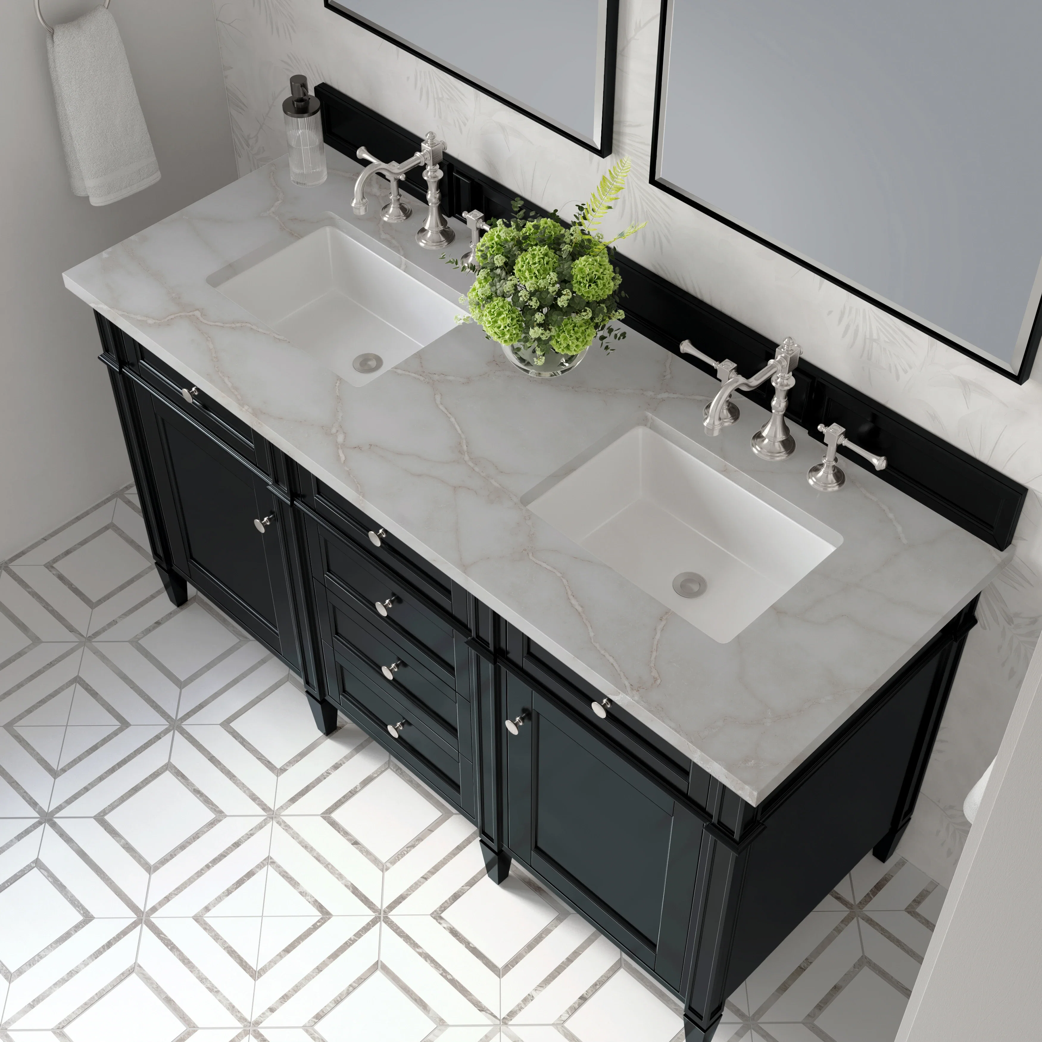 Brittany 60" Double Vanity, Black Onyx w/ 3 CM Victorian Silver Silestone Top