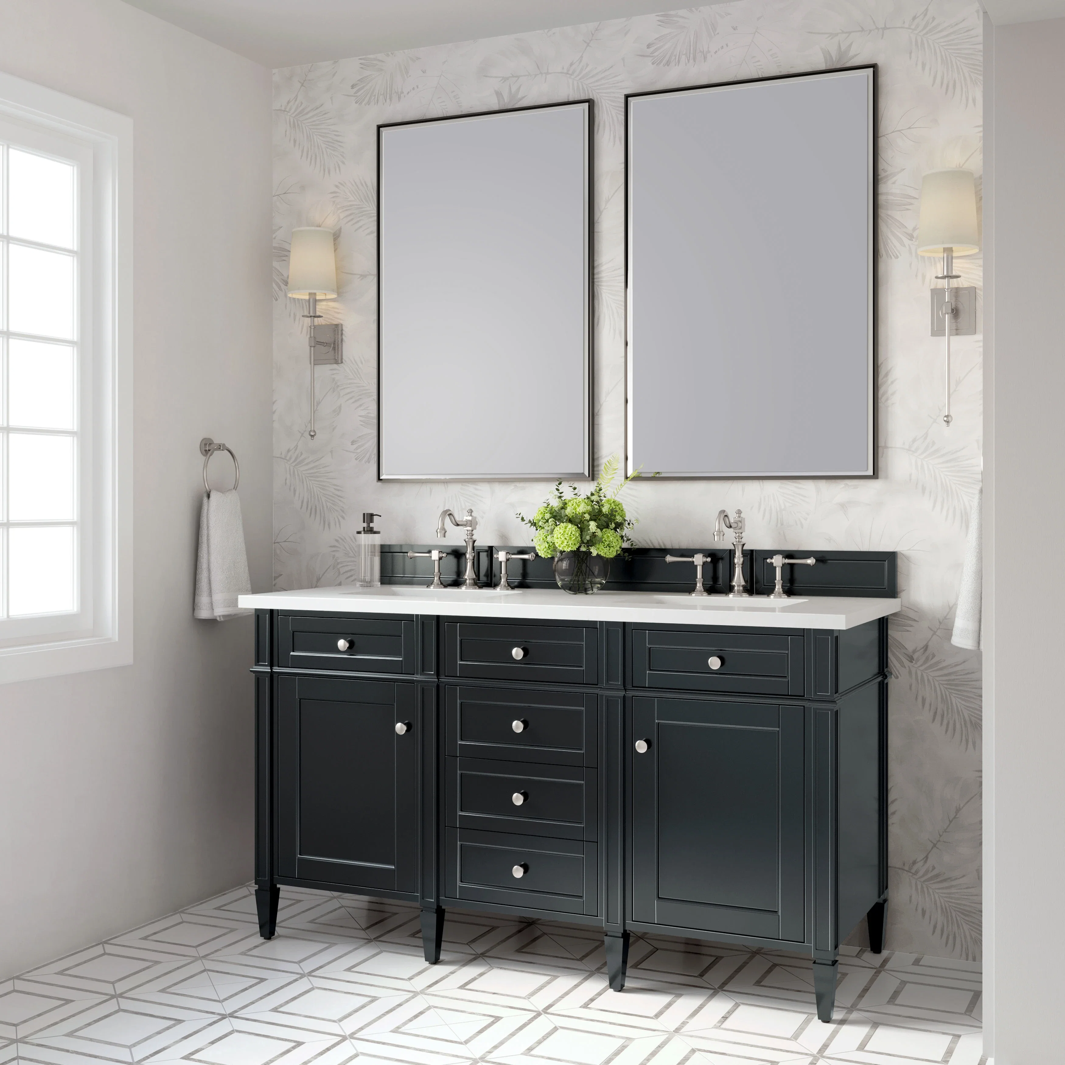 Brittany 60" Double Vanity, Black Onyx w/ 3 CM White Zeus Silestone Top