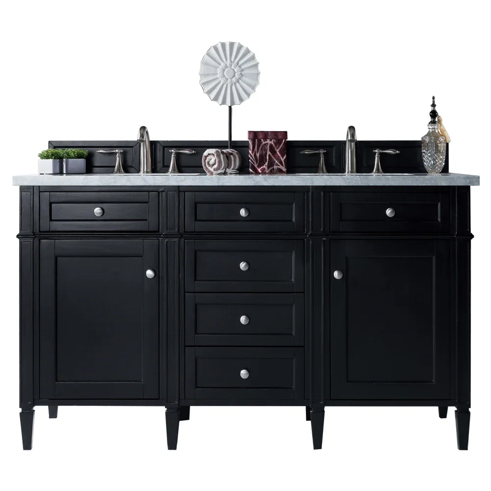 Brittany 60" Double Vanity, Black Onyx w/ 3 CM Eternal Jasmine Pearl Silestone Top w/FreePower Wireless Charger