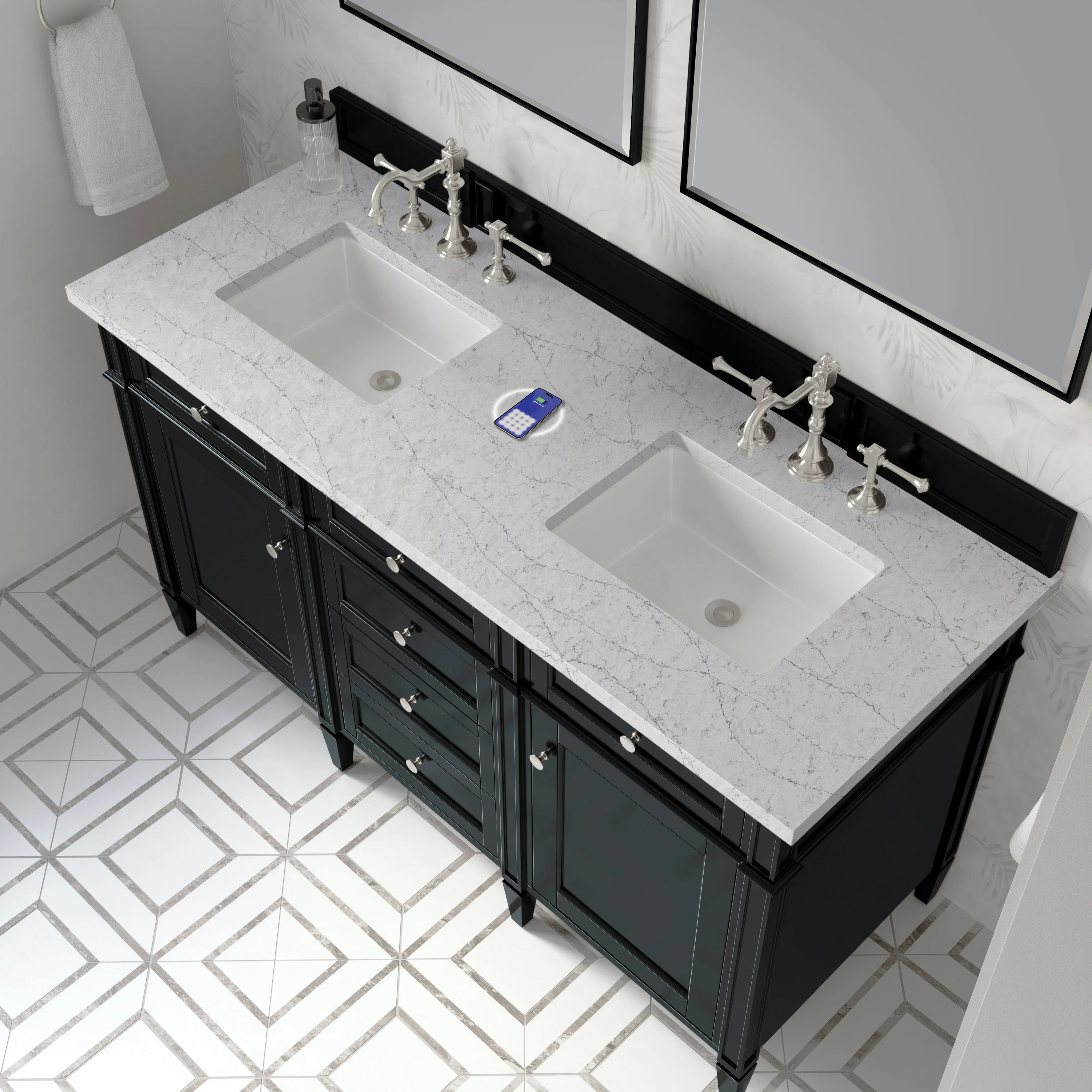 Brittany 60" Double Vanity, Black Onyx w/ 3 CM Eternal Jasmine Pearl Silestone Top w/FreePower Wireless Charger