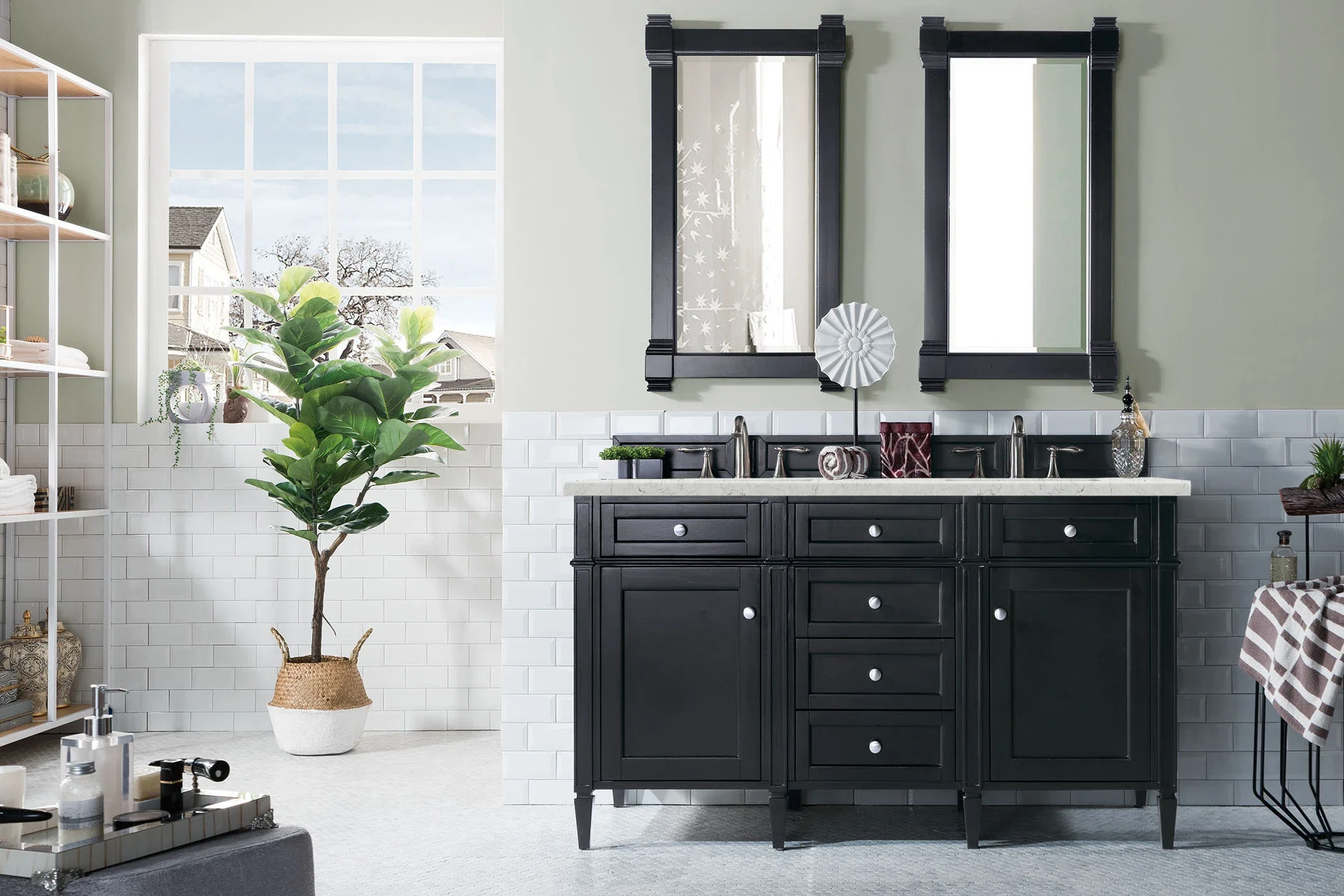 Brittany 60" Double Vanity, Black Onyx w/ 3 CM Eternal Jasmine Pearl Silestone Top w/FreePower Wireless Charger