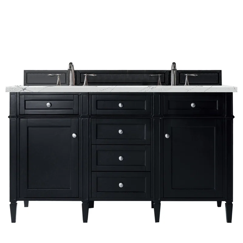 Brittany 60" Double Vanity, Black Onyx w/ 3 CM Ethereal Noctis Silestone Top w/FreePower Wireless Charger