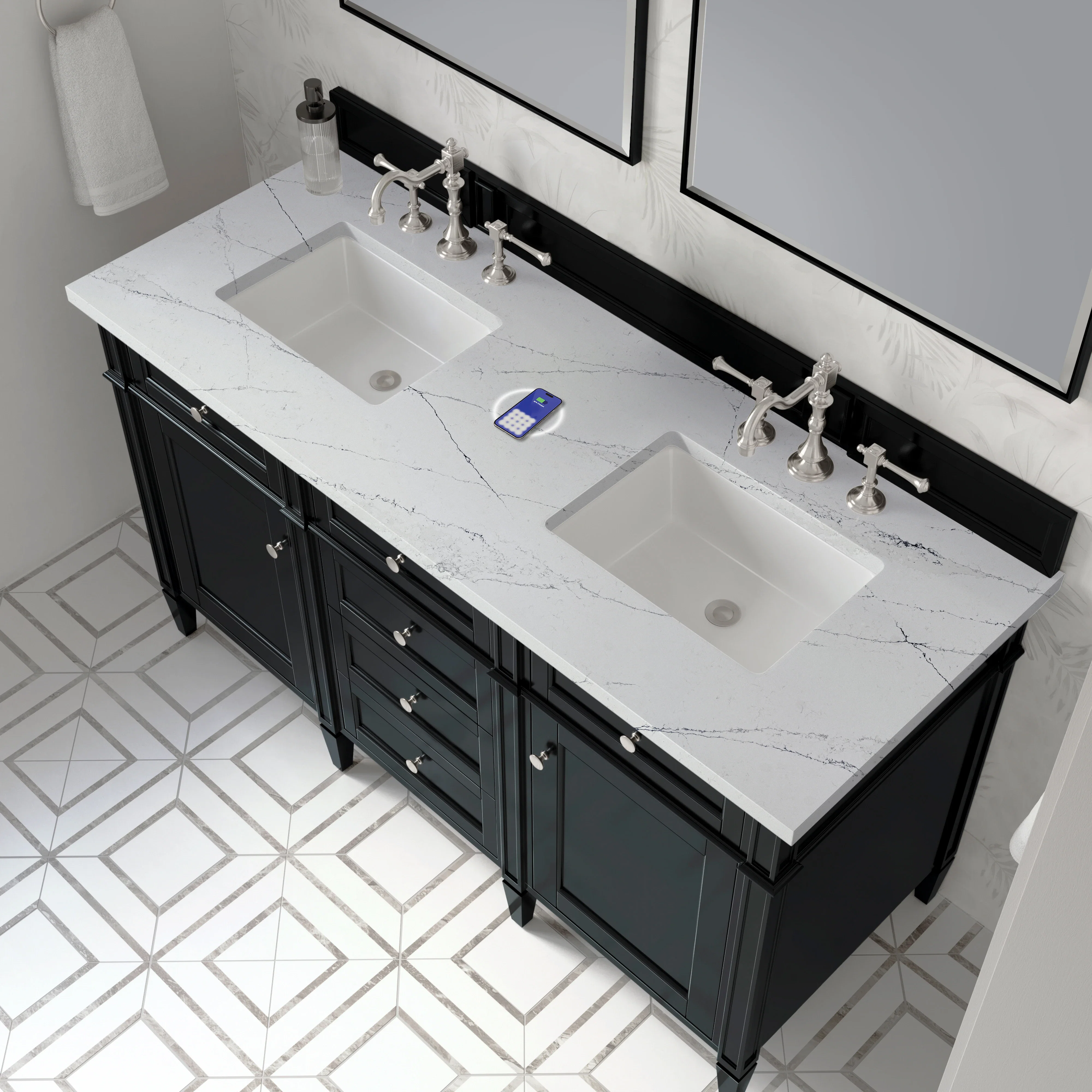 Brittany 60" Double Vanity, Black Onyx w/ 3 CM Ethereal Noctis Silestone Top w/FreePower Wireless Charger