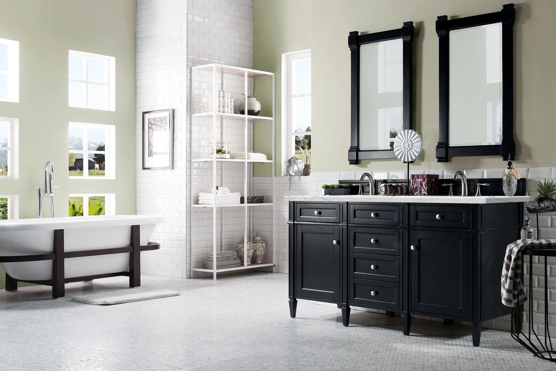 Brittany 60" Double Vanity, Black Onyx w/ 3 CM Ethereal Noctis Silestone Top w/FreePower Wireless Charger