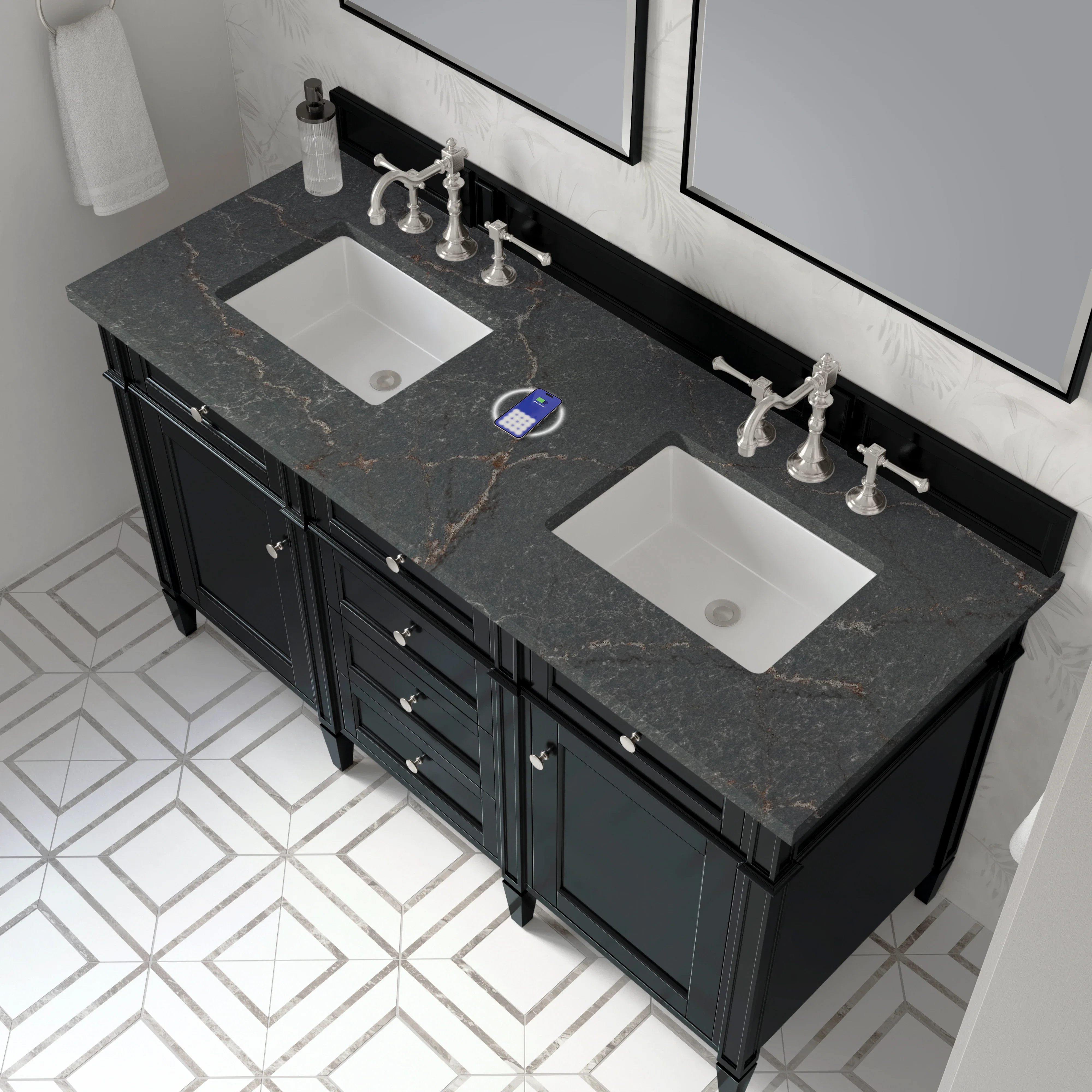 Brittany 60" Double Vanity, Black Onyx w/ 3 CM Parisien Bleu Silestone Top w/FreePower Wireless Charger