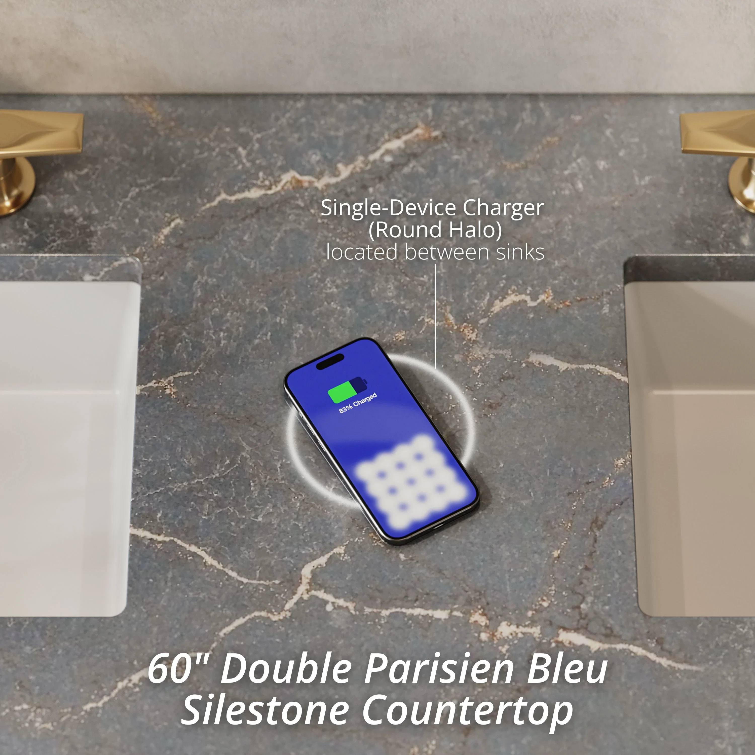 Brittany 60" Double Vanity, Black Onyx w/ 3 CM Parisien Bleu Silestone Top w/FreePower Wireless Charger