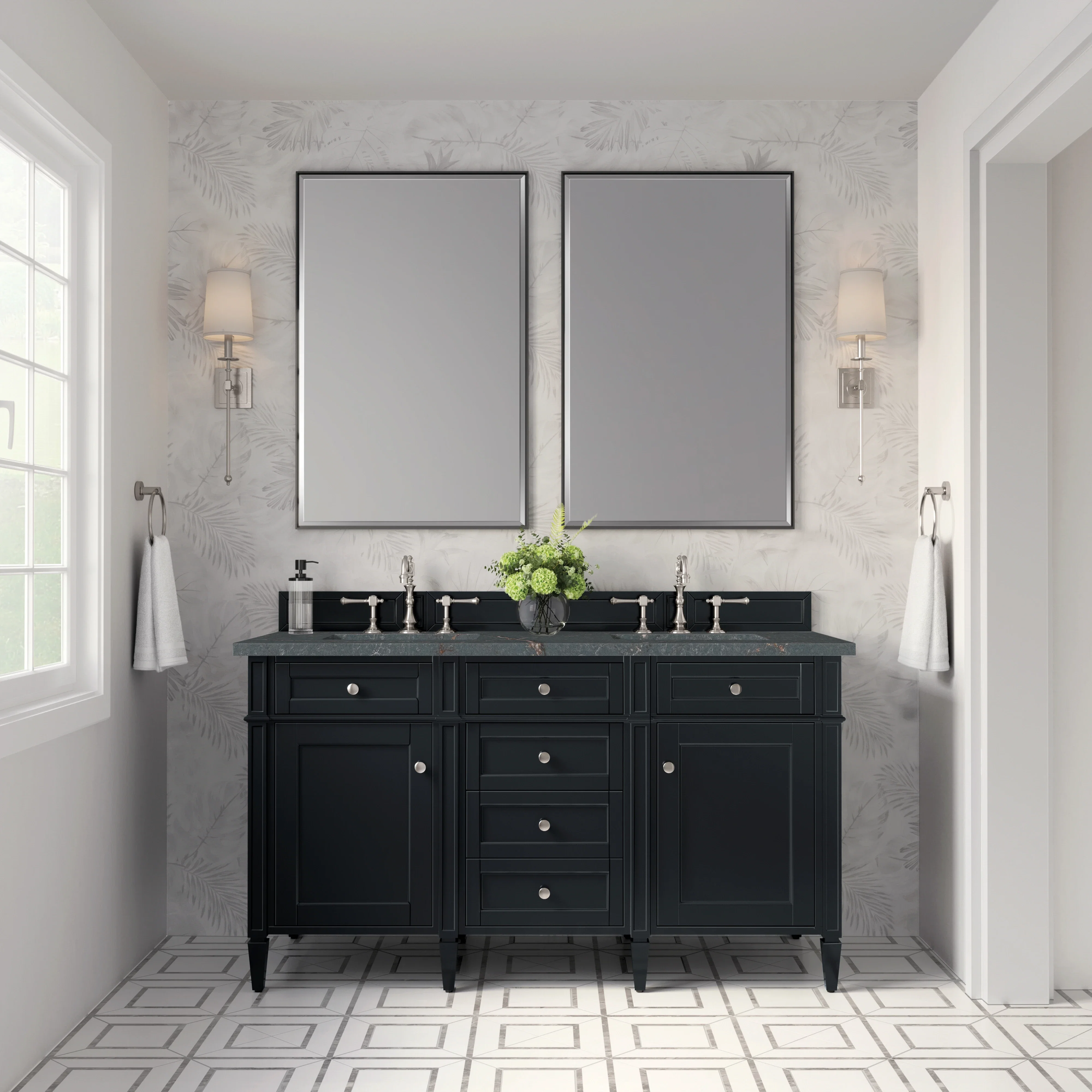 Brittany 60" Double Vanity, Black Onyx w/ 3 CM Parisien Bleu Silestone Top w/FreePower Wireless Charger