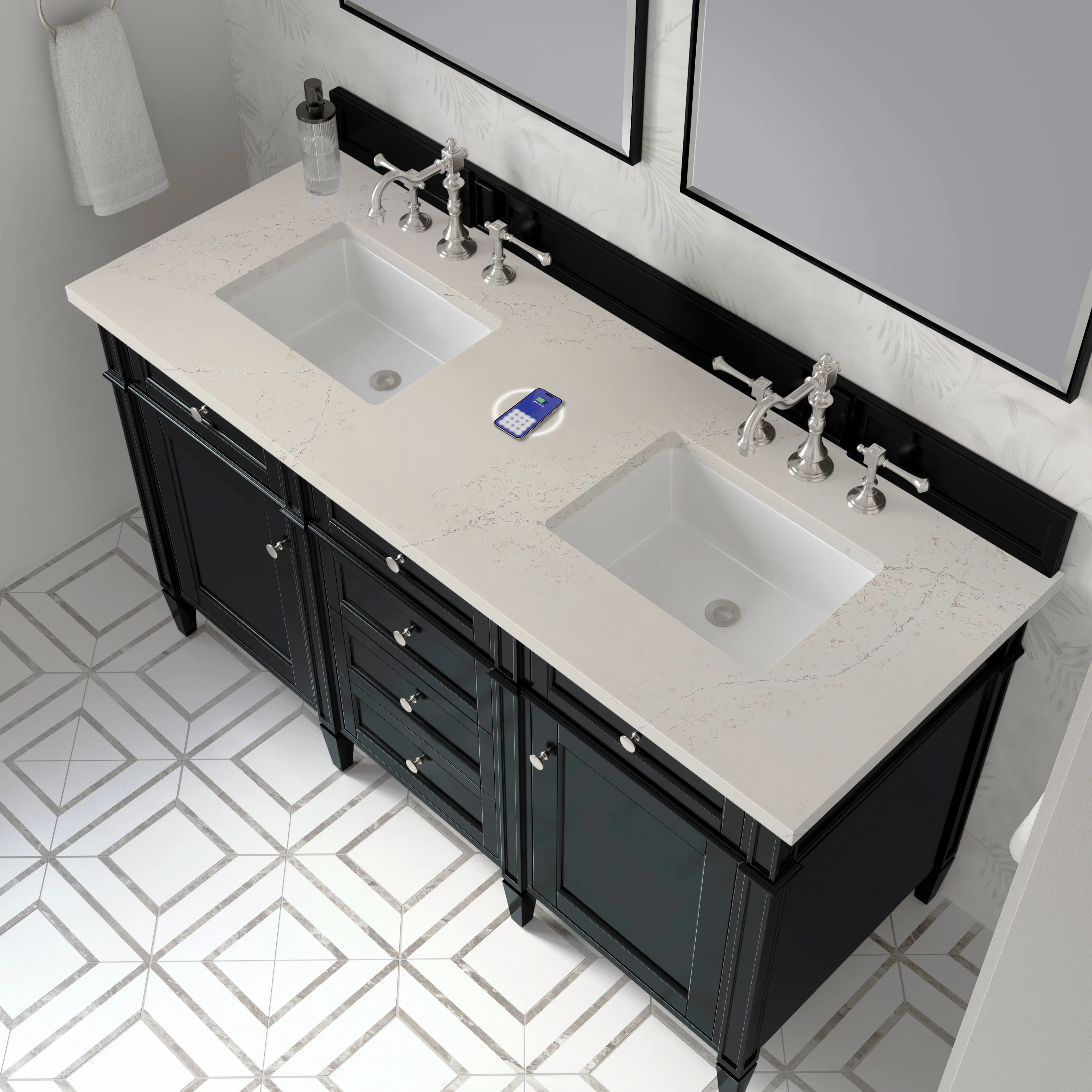 Brittany 60" Double Vanity, Black Onyx, w/ 3 CM Siberian Silestone Top w/FreePower Wireless Charger