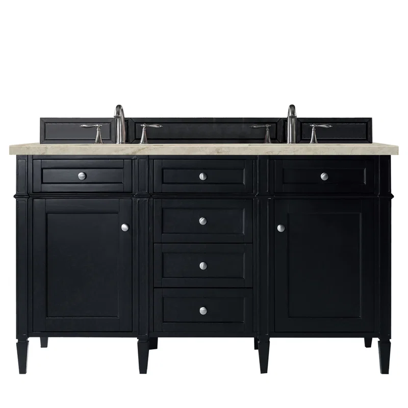 Brittany 60" Double Vanity, Black Onyx, w/ 3 CM Tajnar Eclos Top w/FreePower Wireless Charger