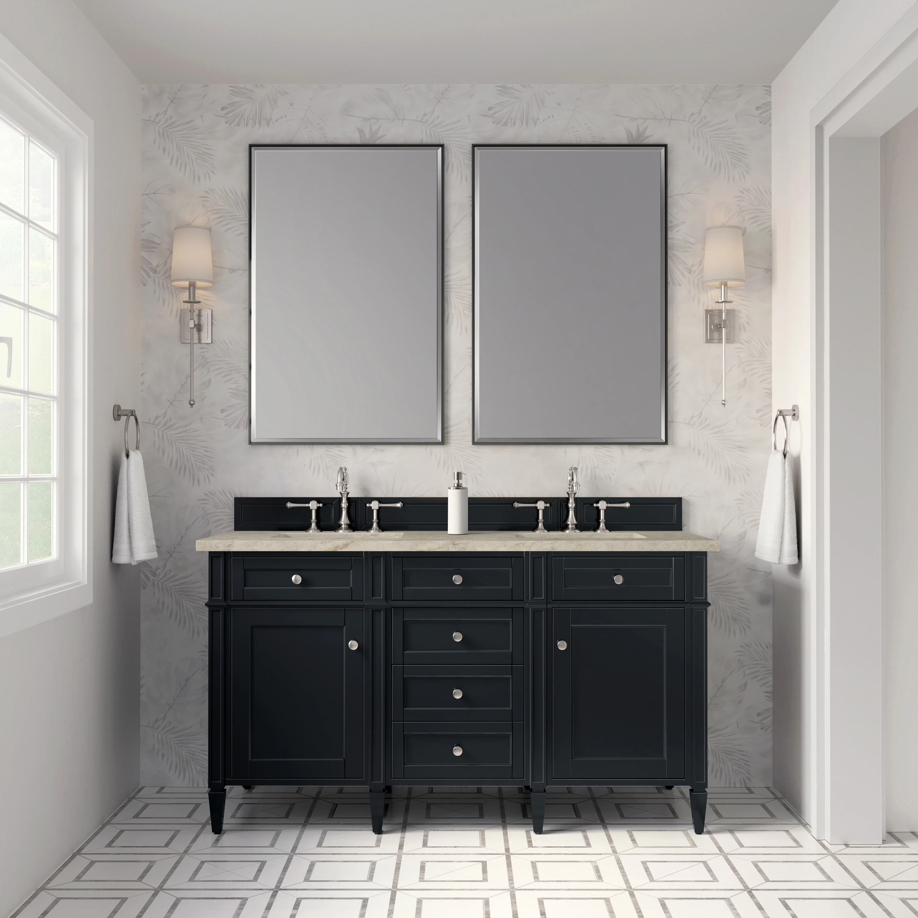 Brittany 60" Double Vanity, Black Onyx, w/ 3 CM Tajnar Eclos Top w/FreePower Wireless Charger