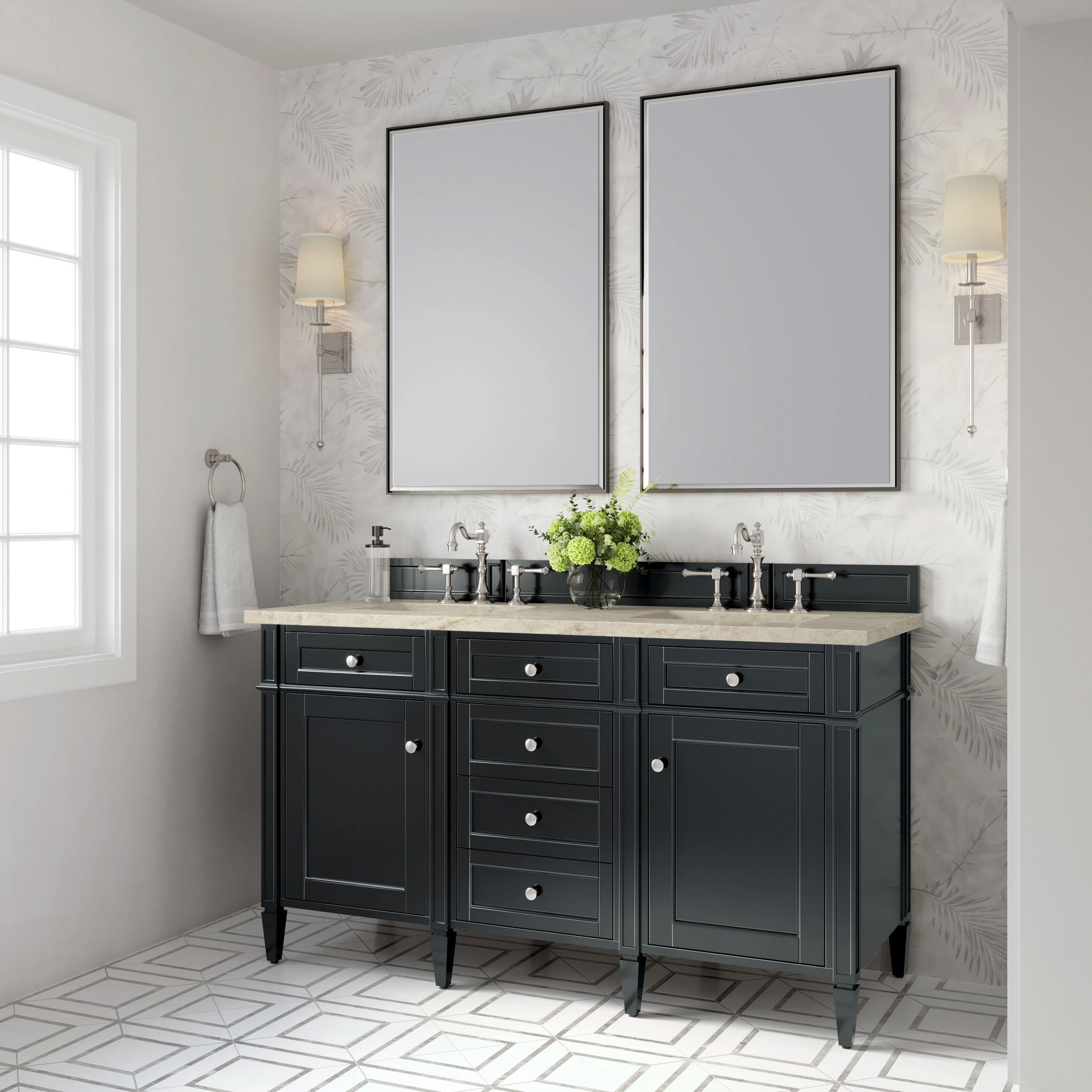 Brittany 60" Double Vanity, Black Onyx, w/ 3 CM Tajnar Eclos Top w/FreePower Wireless Charger