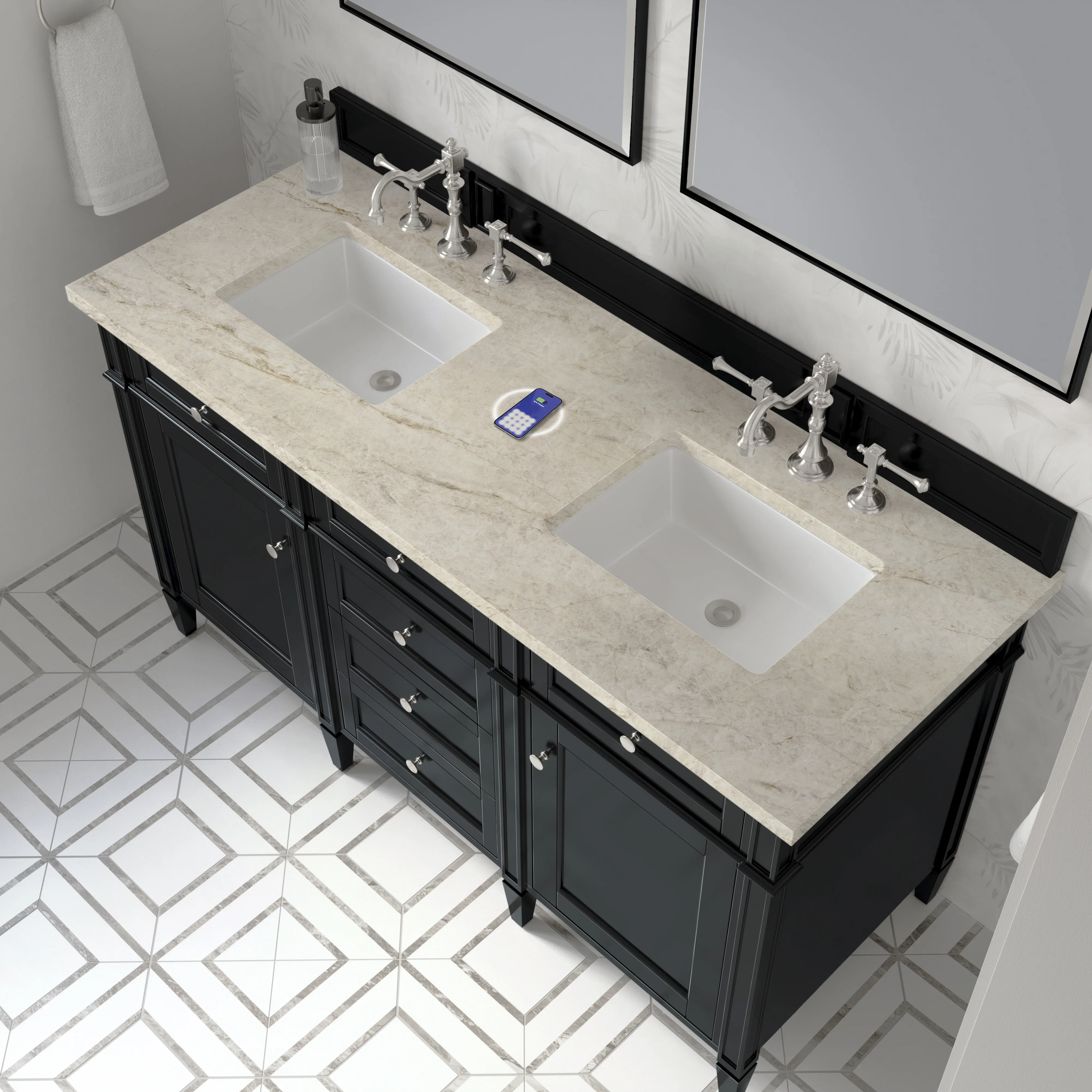 Brittany 60" Double Vanity, Black Onyx, w/ 3 CM Tajnar Eclos Top w/FreePower Wireless Charger