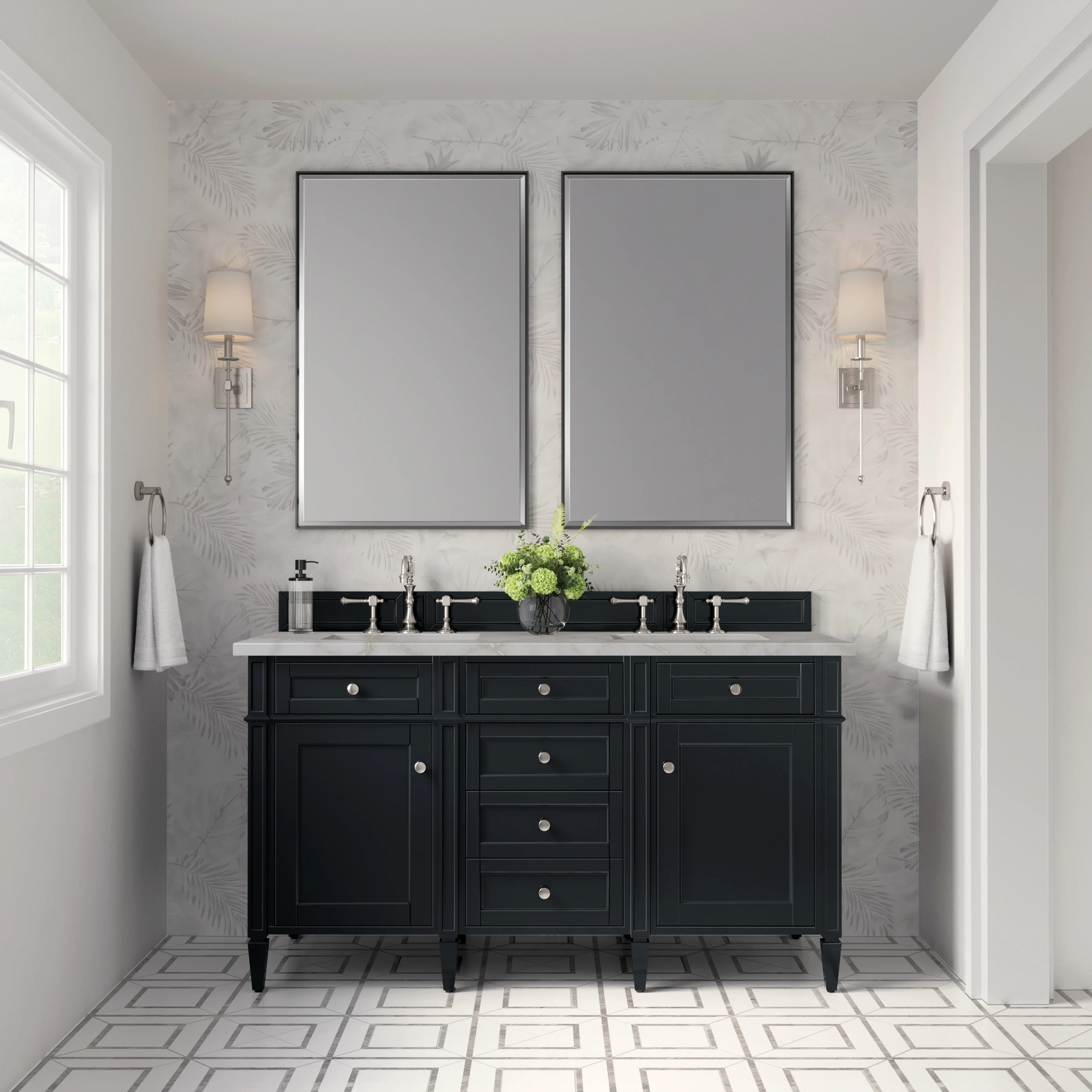 Brittany 60" Double Vanity, Black Onyx w/ 3 CM Victorian Silver Silestone Top w/FreePower Wireless Charger