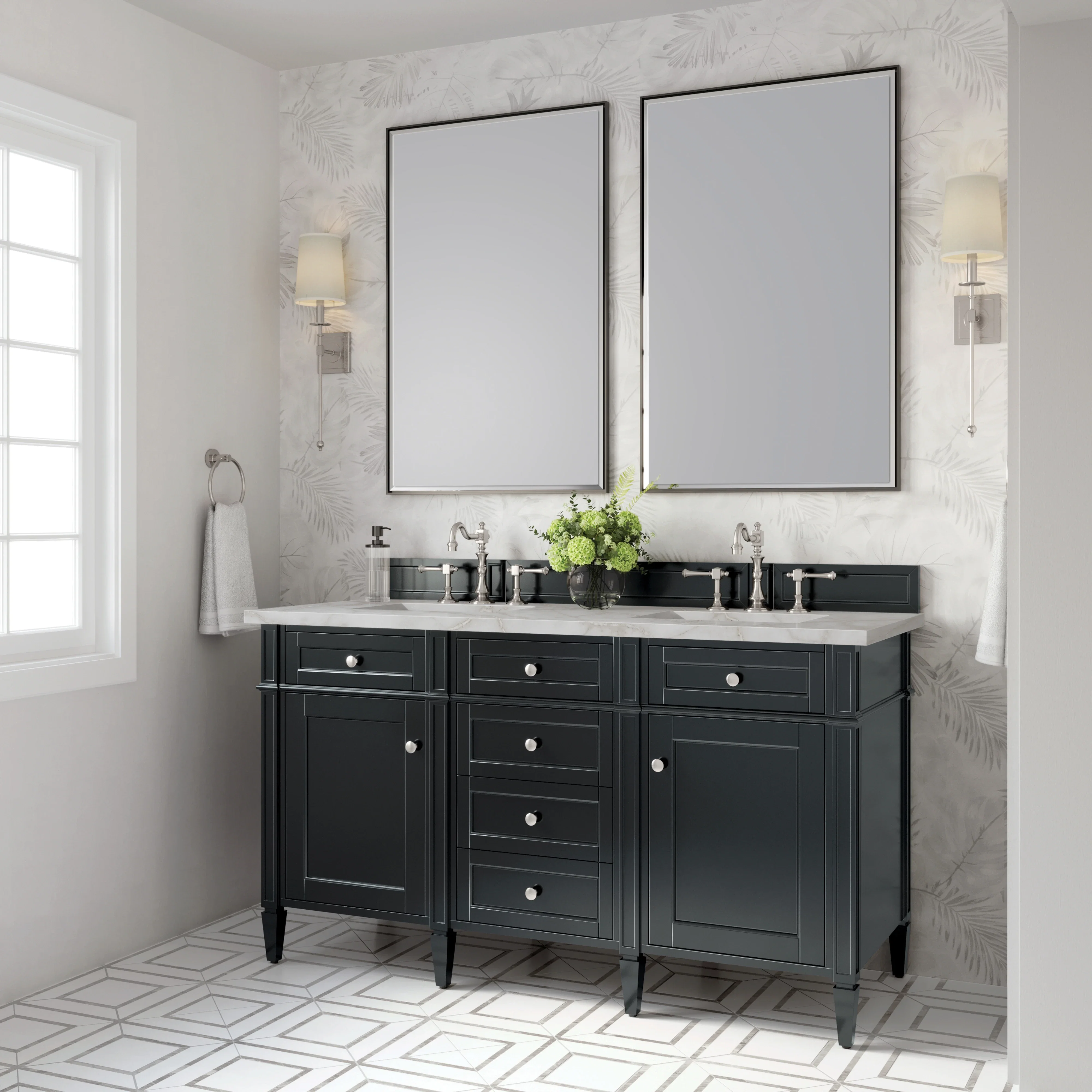 Brittany 60" Double Vanity, Black Onyx w/ 3 CM Victorian Silver Silestone Top w/FreePower Wireless Charger