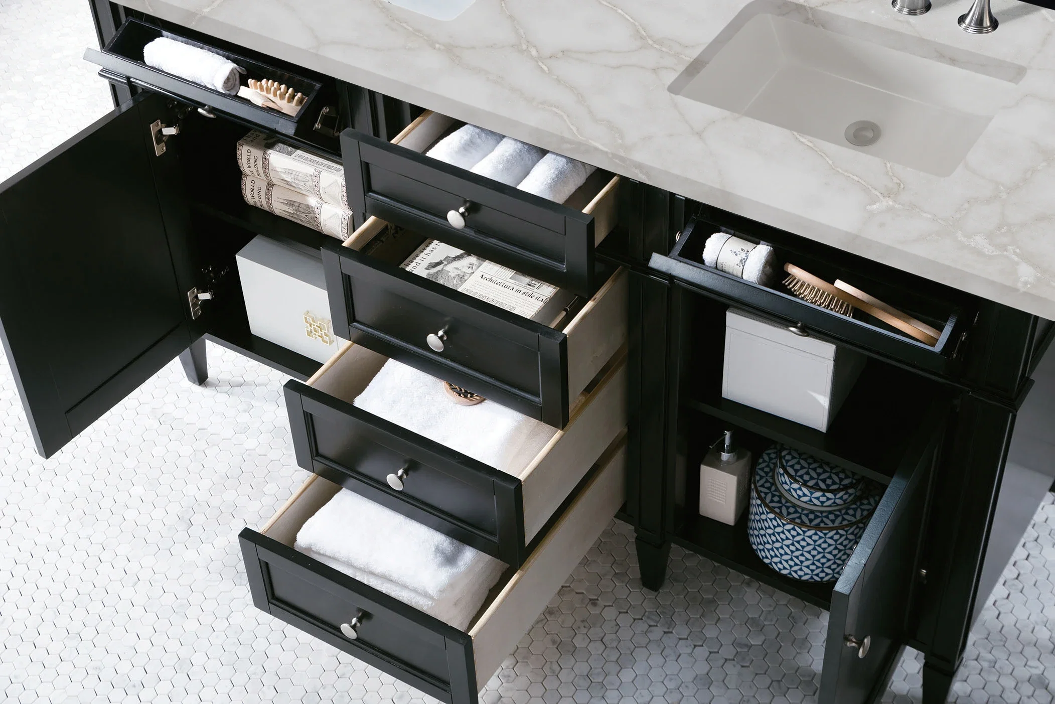 Brittany 60" Double Vanity, Black Onyx w/ 3 CM Victorian Silver Silestone Top w/FreePower Wireless Charger