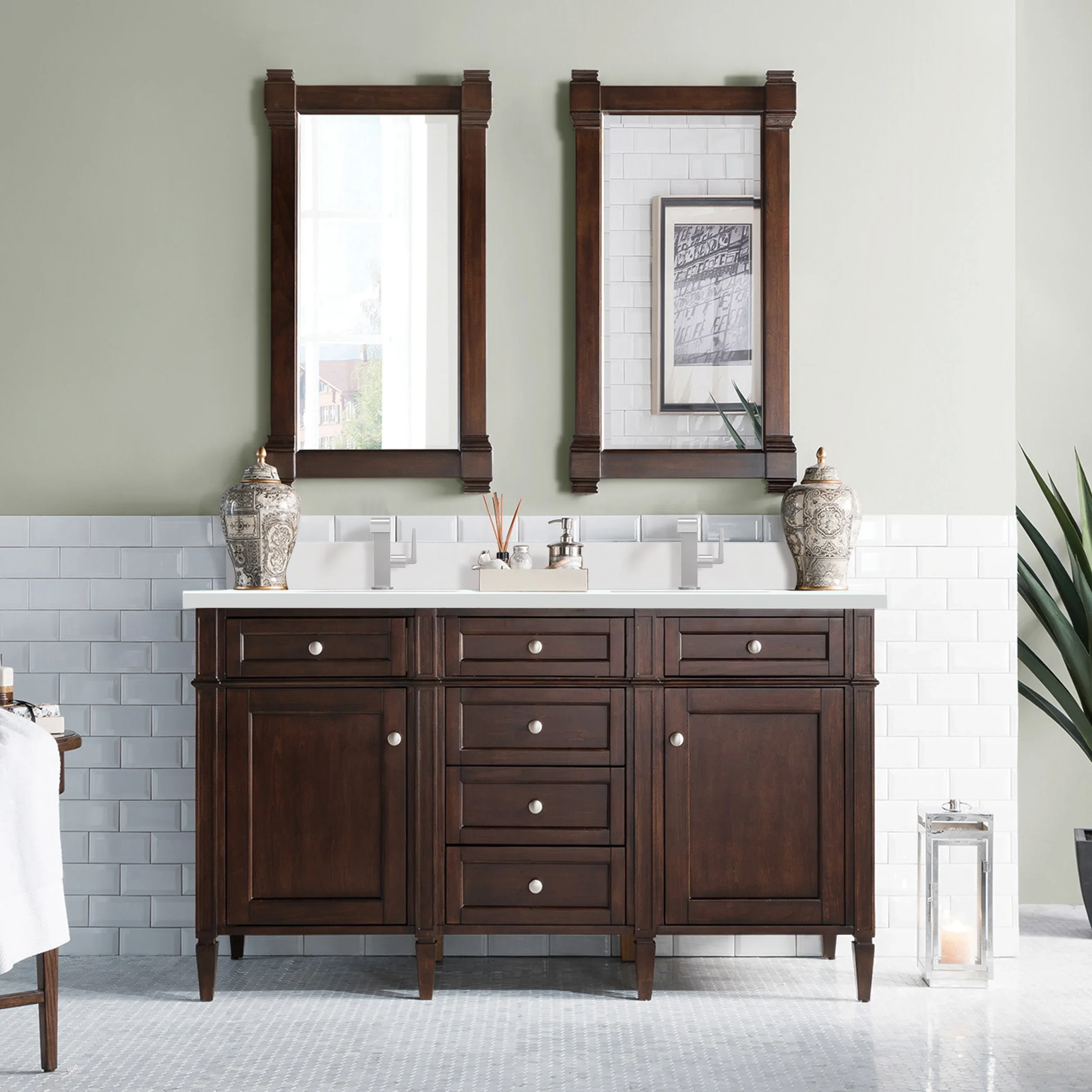 Brittany 60" Double Vanity, Burnished Mahogany w/ Single Hole 3 CM White Zeus Silestone Top & Backsplash