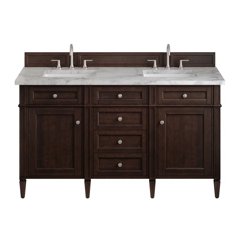Brittany 60" Double Vanity, Burnished Mahogany w/ 3 CM Carrara Marble Top