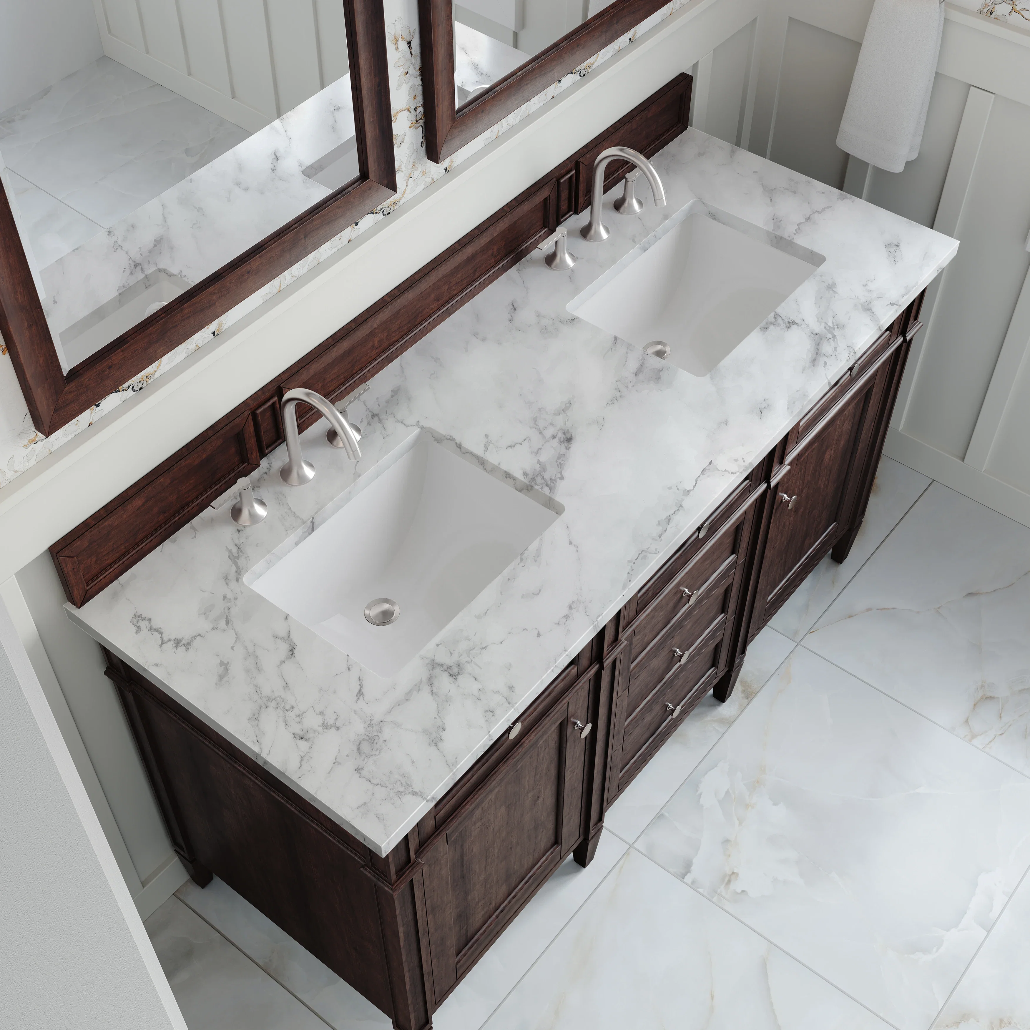 Brittany 60" Double Vanity, Burnished Mahogany w/ 3 CM Carrara Marble Top