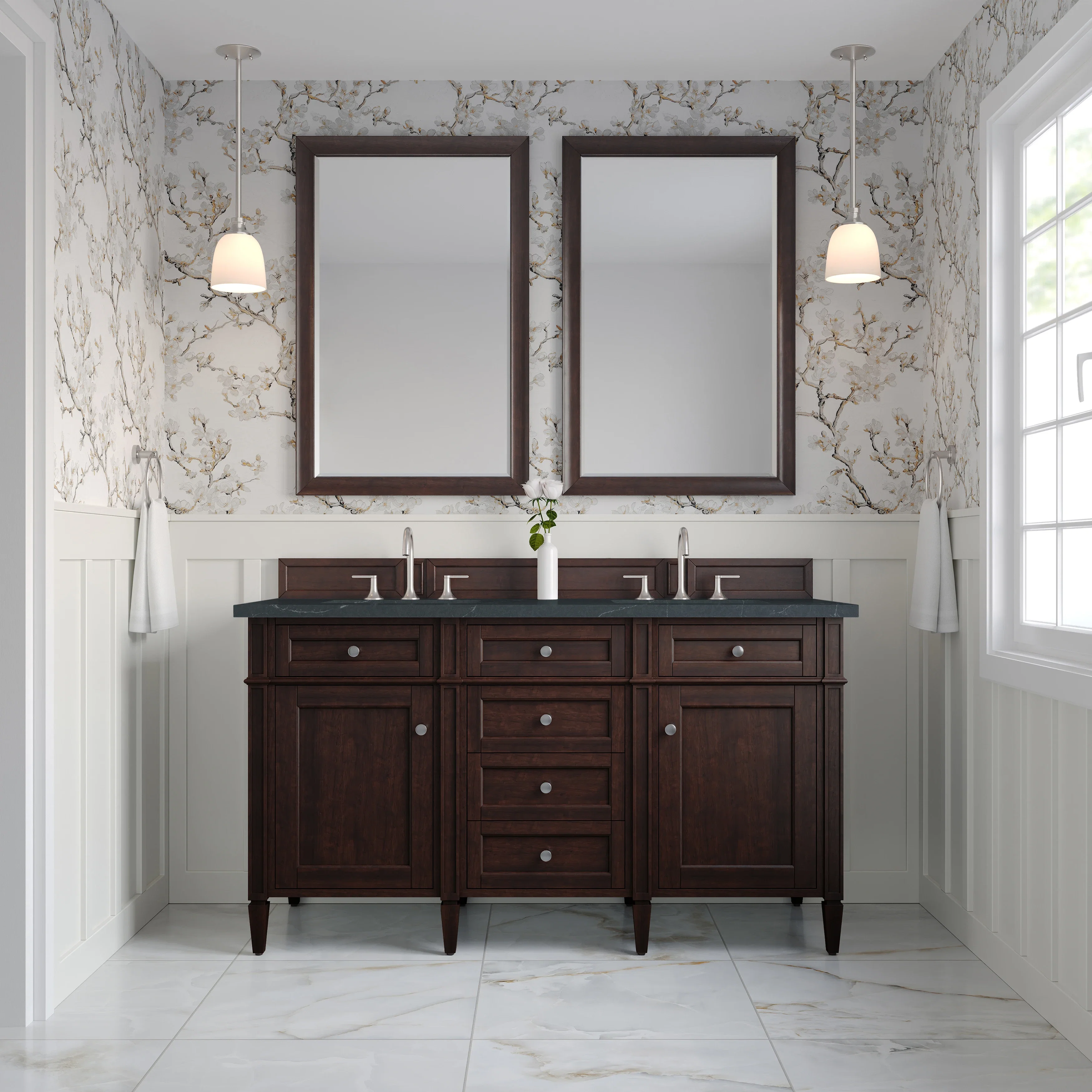 Brittany 60" Double Vanity, Burnished Mahogany w/ 3 CM Charcoal Soapstone Silestone Top