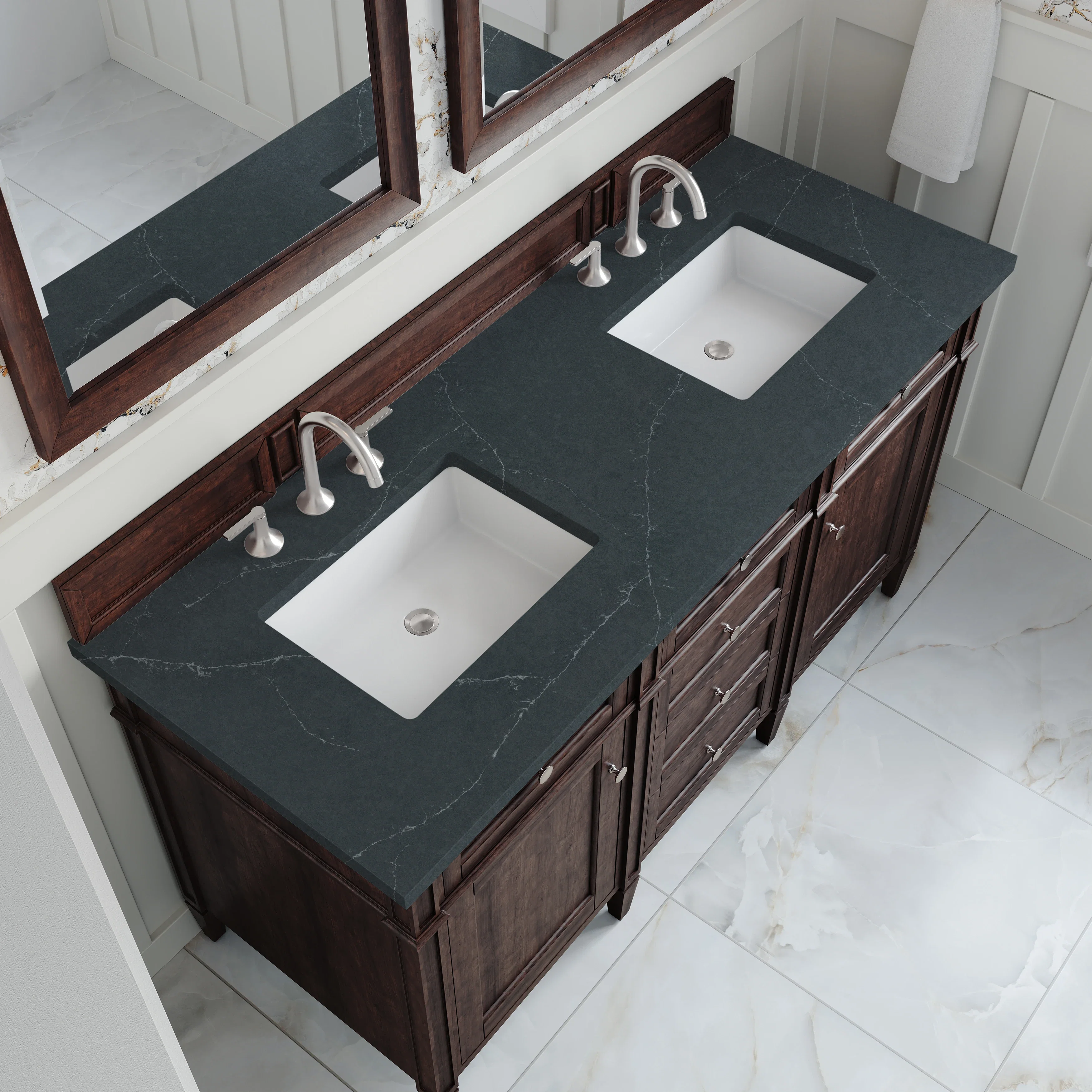 Brittany 60" Double Vanity, Burnished Mahogany w/ 3 CM Charcoal Soapstone Silestone Top
