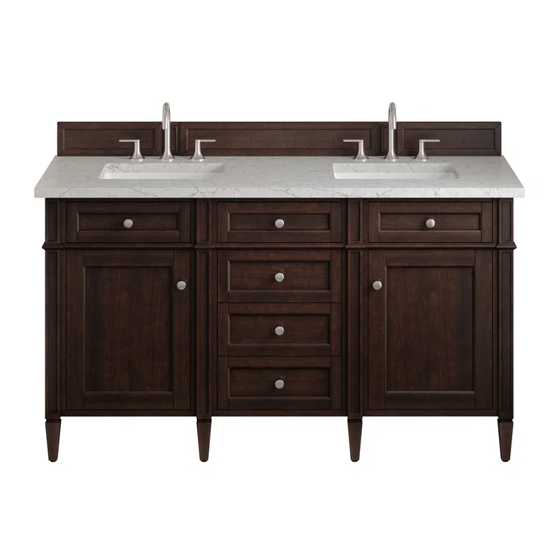 Brittany 60" Double Vanity, Burnished Mahogany w/ 3 CM Eternal Jasmine Pearl Silestone Top