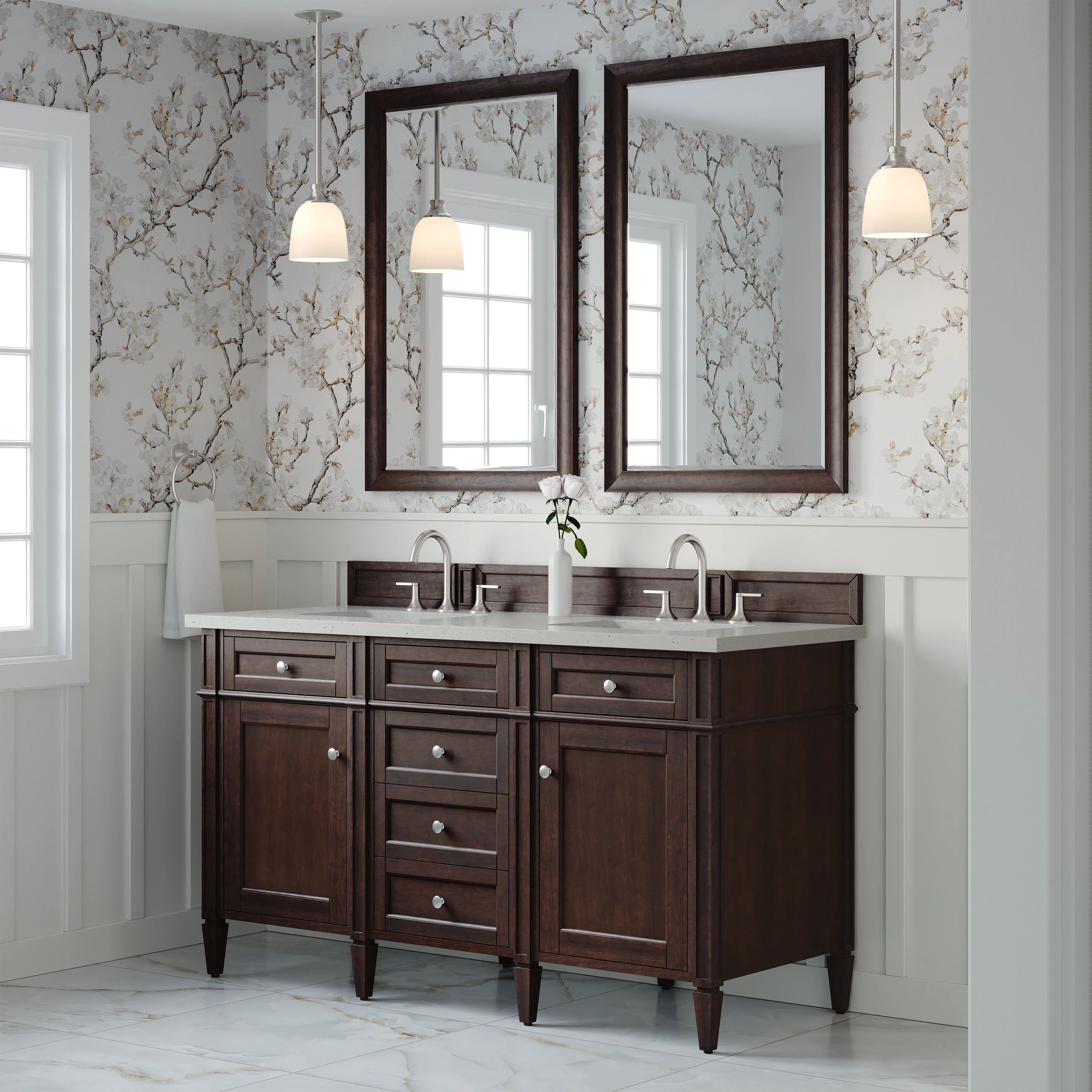 Brittany 60" Double Vanity, Burnished Mahogany w/ 3 CM Lime Delight Silestone Top