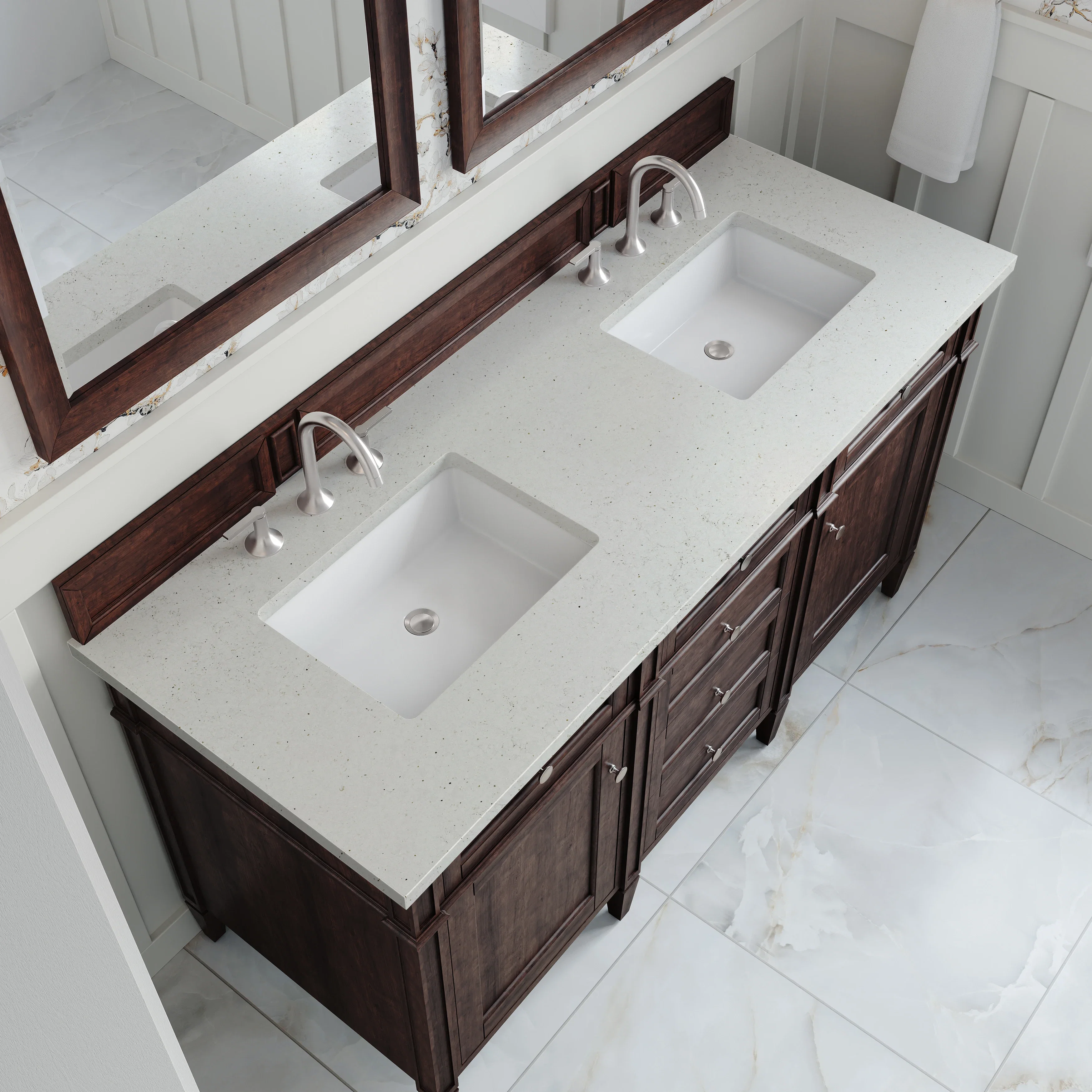 Brittany 60" Double Vanity, Burnished Mahogany w/ 3 CM Lime Delight Silestone Top
