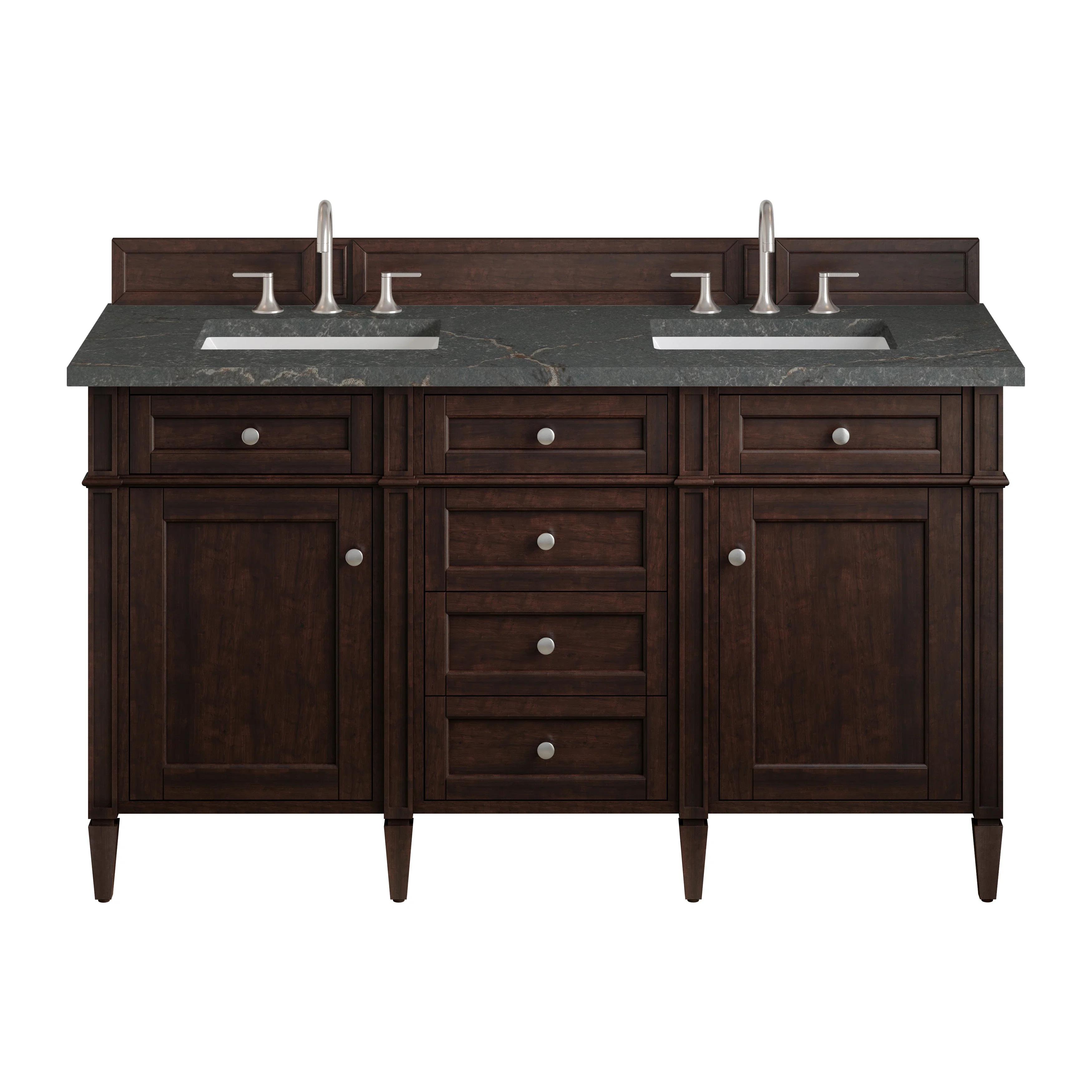 Brittany 60" Double Vanity, Burnished Mahogany w/ 3 CM Parisien Bleu Silestone Top