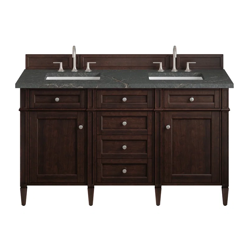 Brittany 60" Double Vanity, Burnished Mahogany w/ 3 CM Parisien Bleu Silestone Top