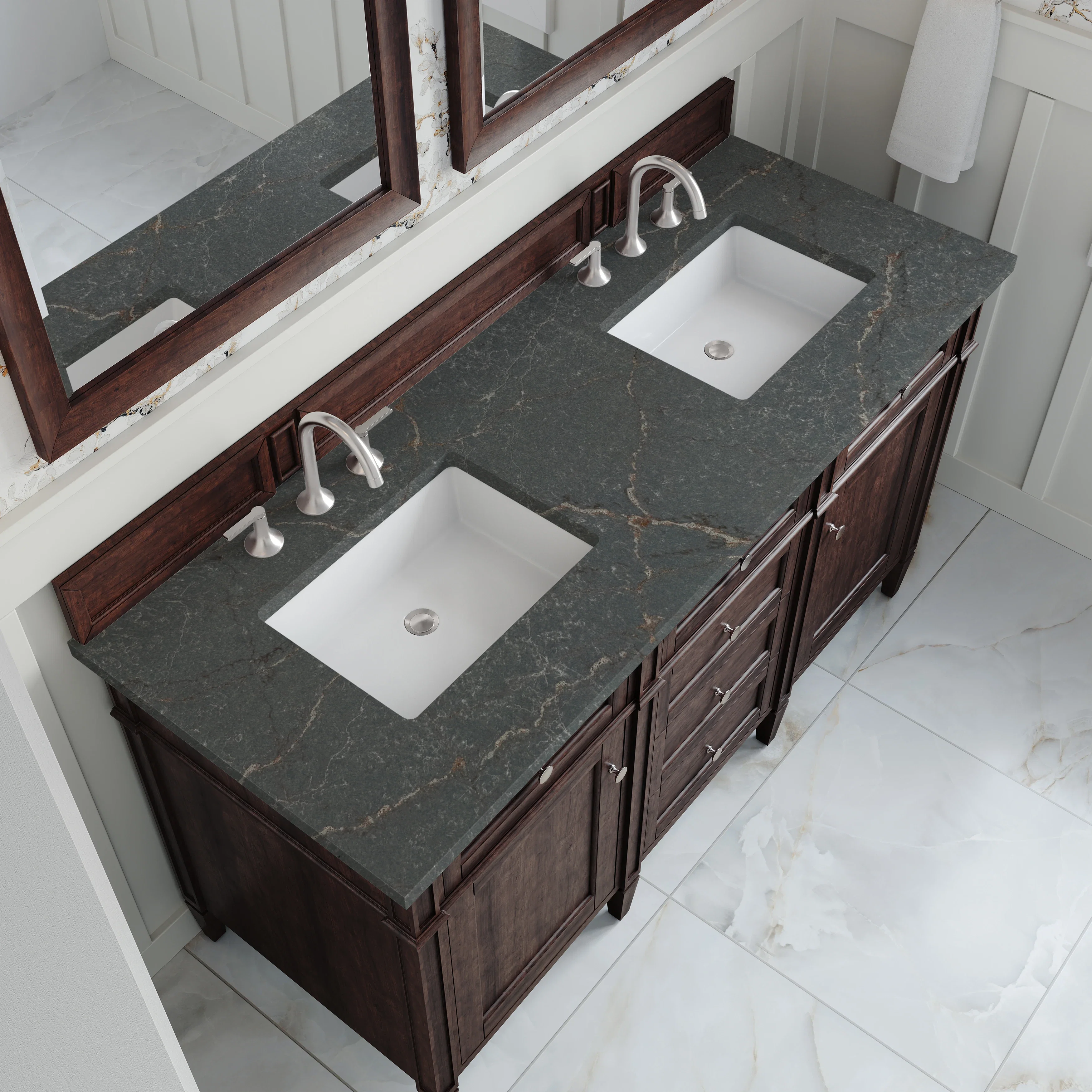 Brittany 60" Double Vanity, Burnished Mahogany w/ 3 CM Parisien Bleu Silestone Top