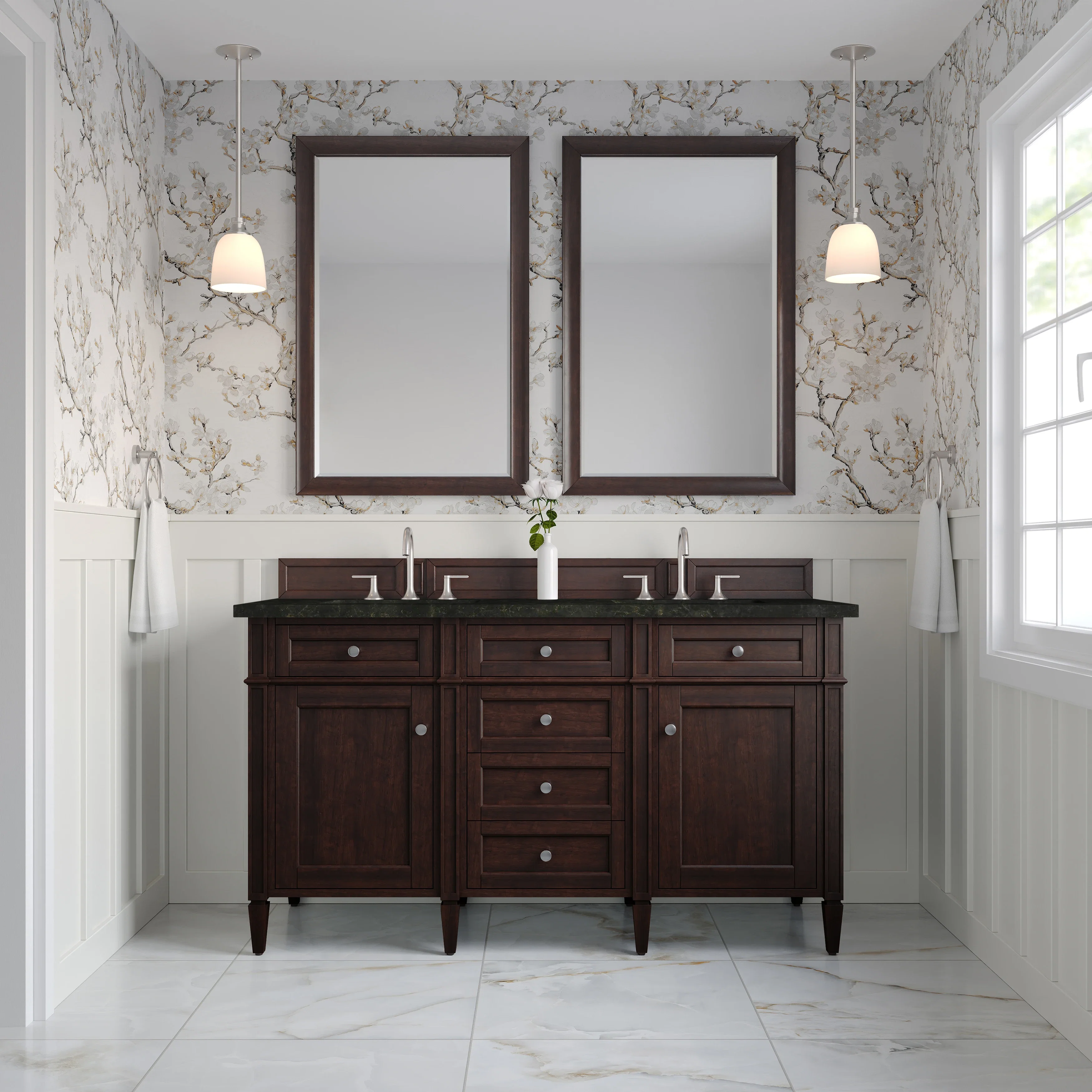 Brittany 60" Double Vanity, Burnished Mahogany, w/ 3 CM Phantome Eclos Top