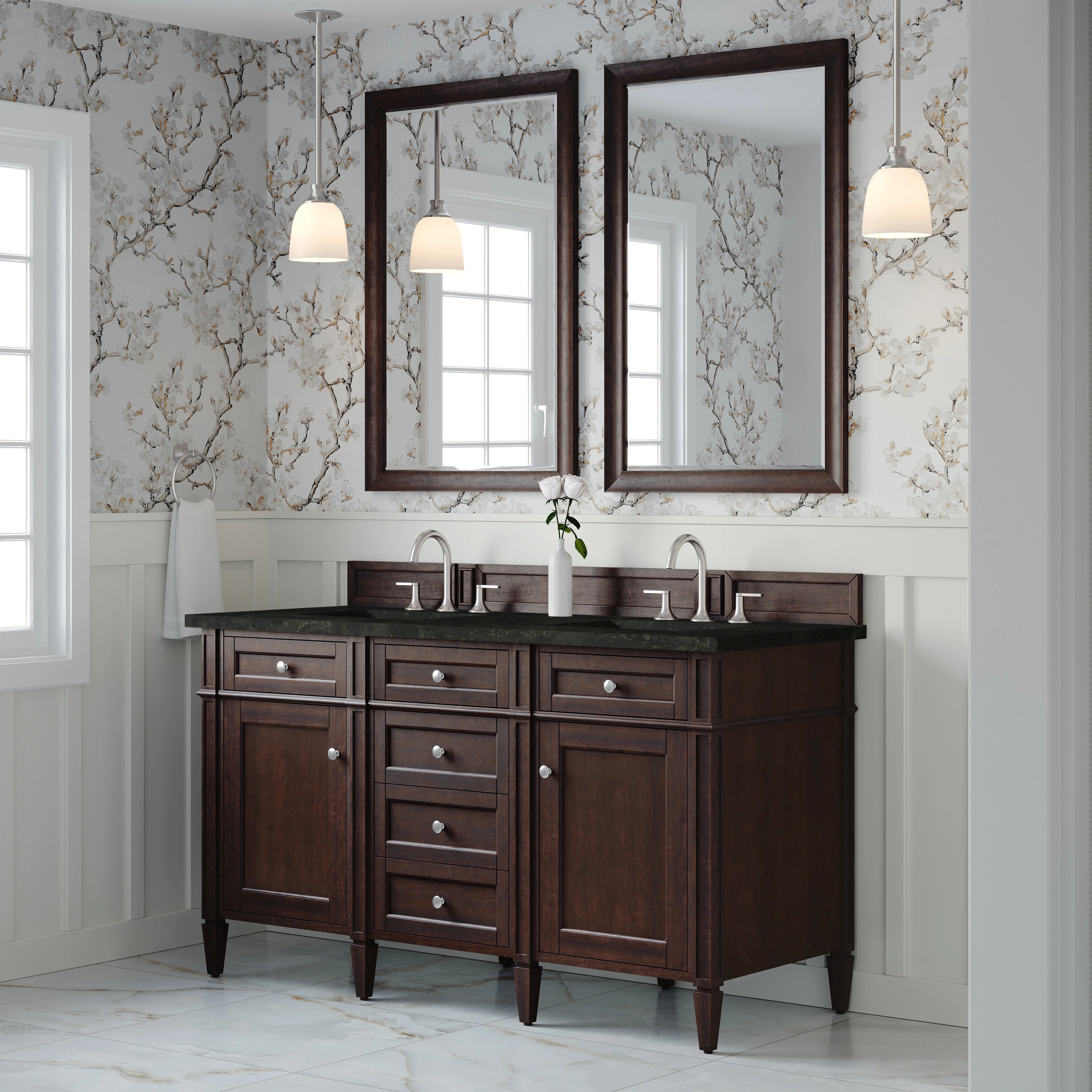 Brittany 60" Double Vanity, Burnished Mahogany, w/ 3 CM Phantome Eclos Top